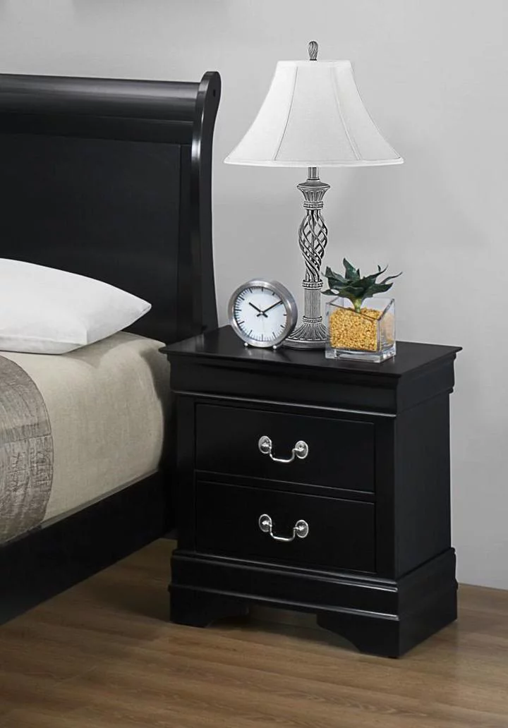 3pc Contemporary Louis Philip Queen Panel Bed Nightstand Set Wooden Bedroom Furniture Black Finish