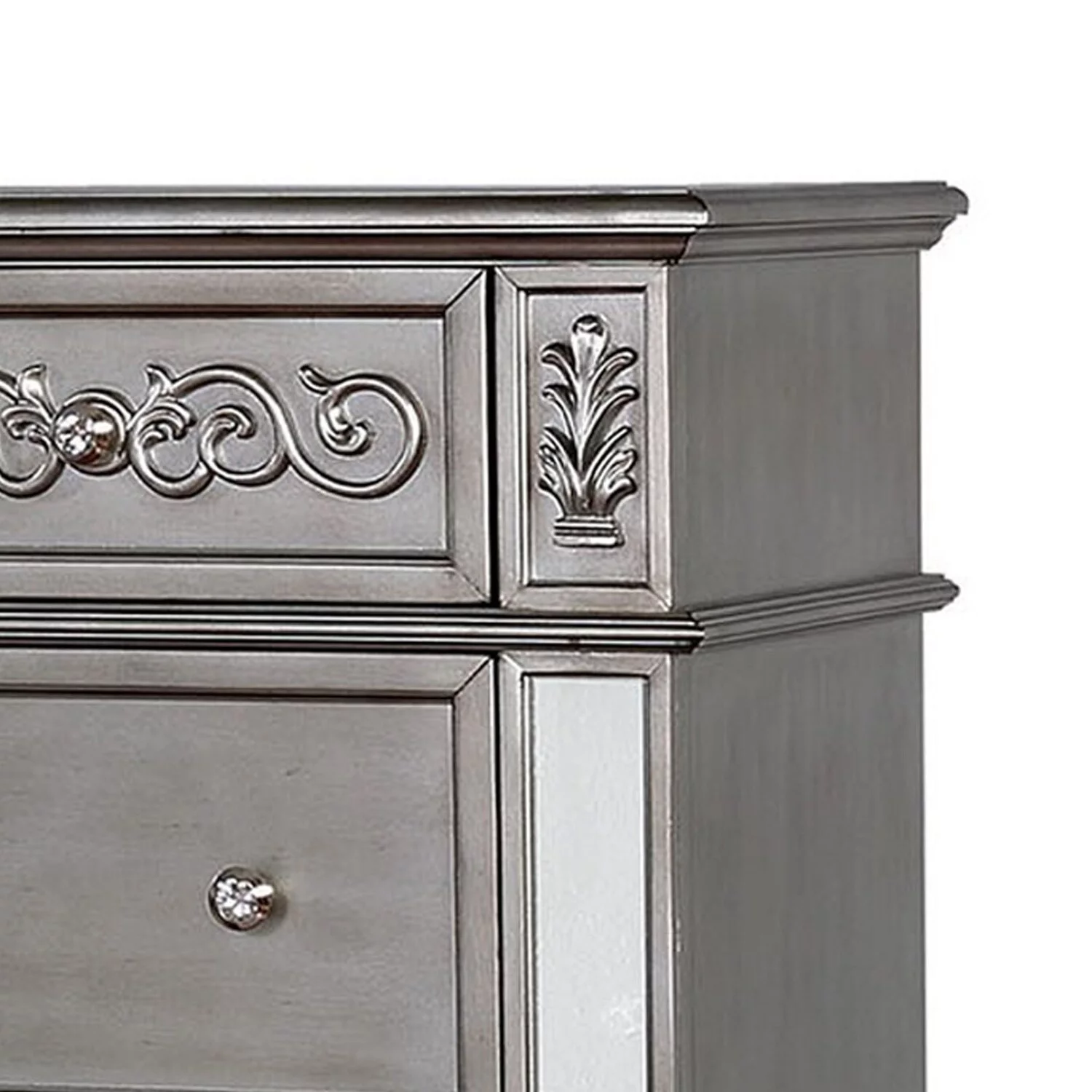 Benzara Traditional Solid Wood Chest With Floral Carvings Accent, Silver