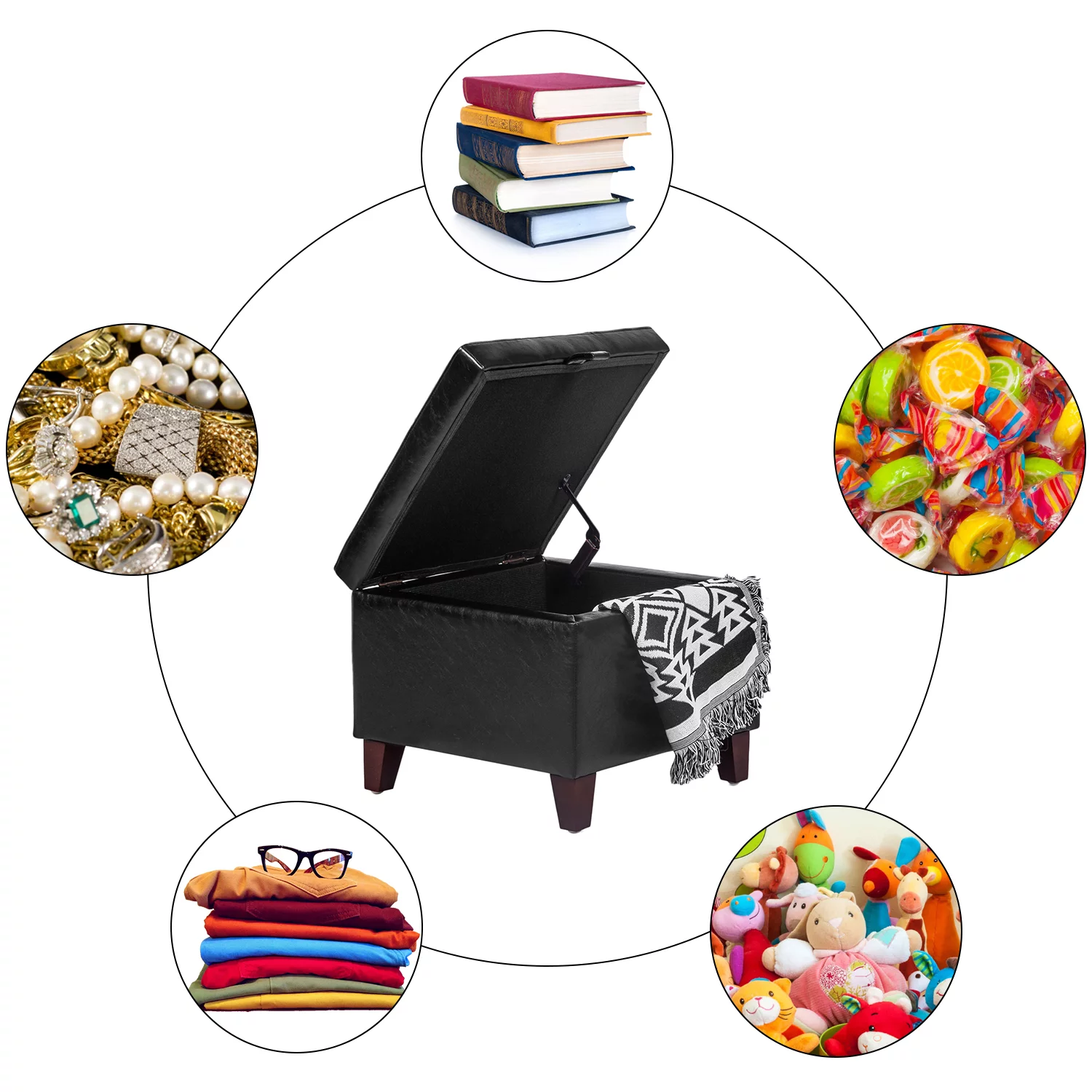 Homebeez Faux Leather Square Cube Storage Ottoman Foot Rest Stool Coffee Table Toy Chest,Black