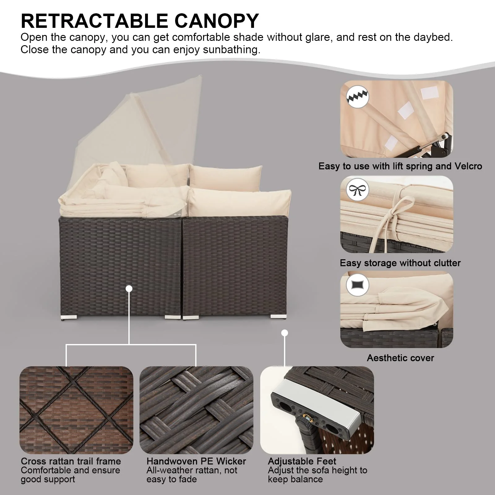 HOMREST 6 Pieces Outdoor Sectional Sofa All-Weather Patio Daybed Conversation Sets with Retractable Canopy/Coffee Table