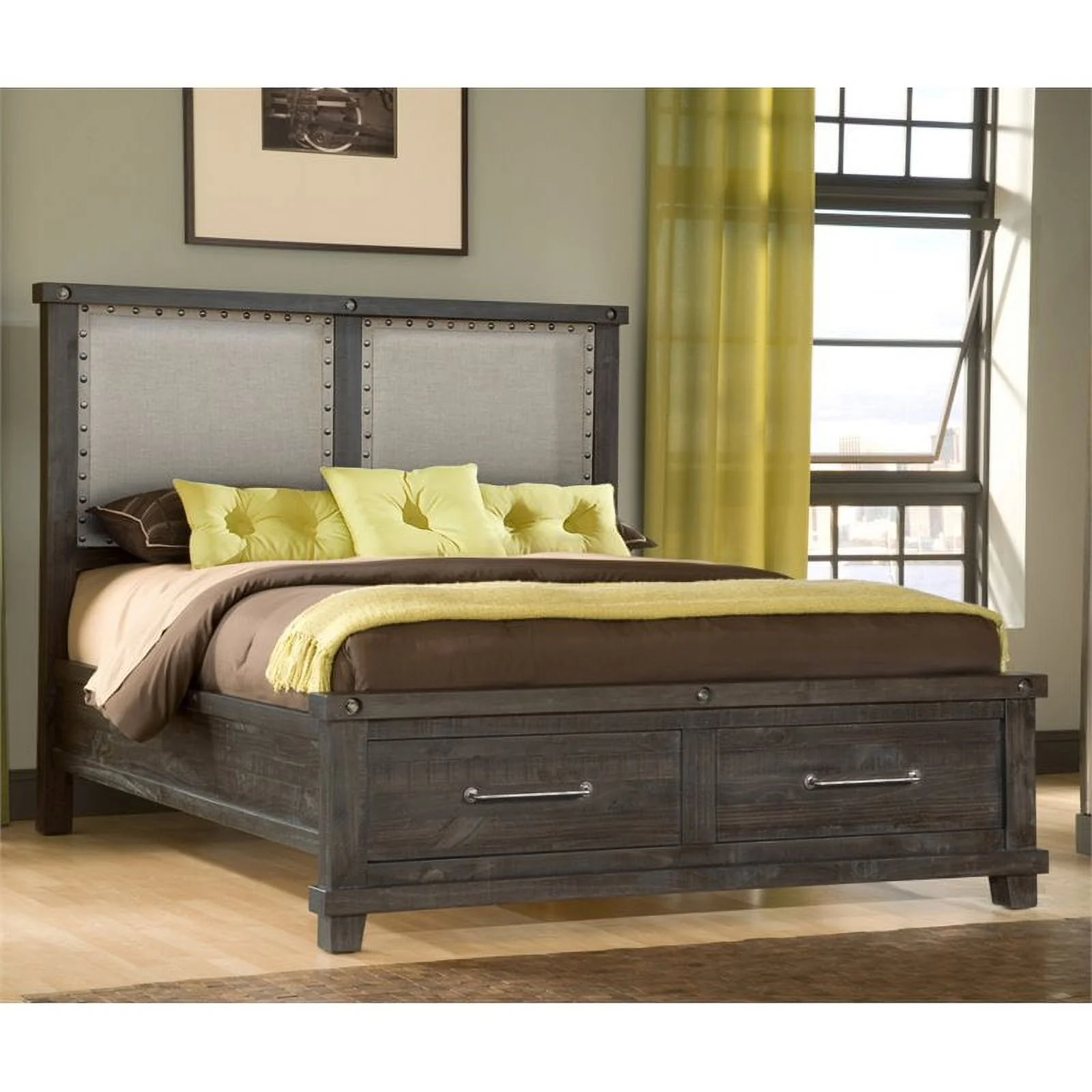 Bowery Hill Traditional Upholstered Queen Panel Storage Bed in Espresso