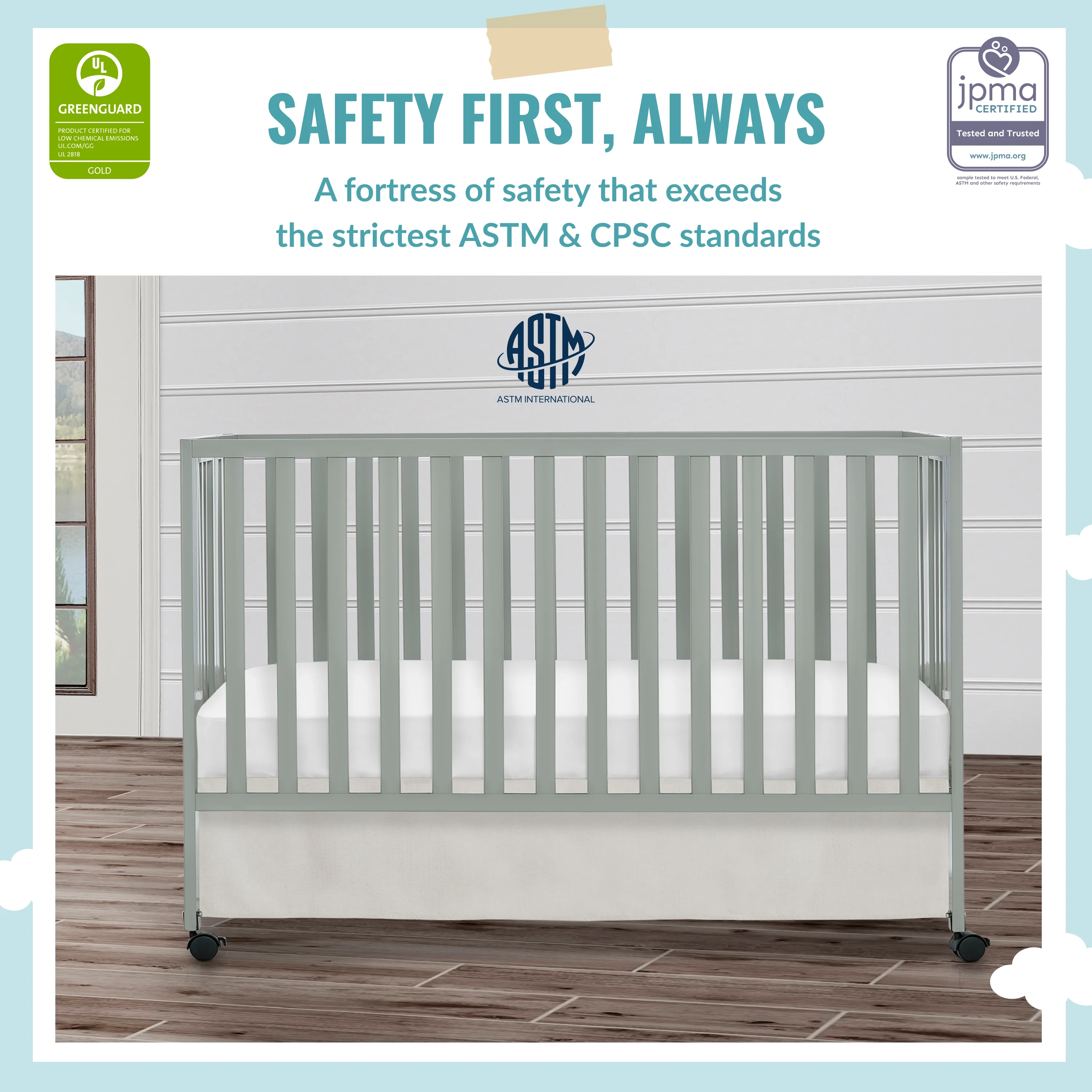 Dream On Me Quinn Full-Size Folding Crib in Cool Grey, Removeable Wheels, Modern Nursey, Adjustable Mattress Support, Portable Crib, Patented Folding System Cool Grey Crib