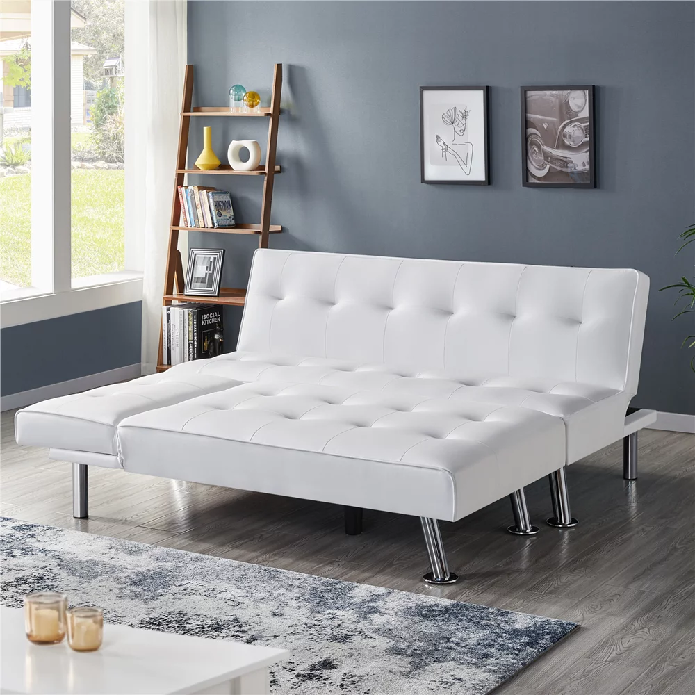 Topeakmart Faux Leather Chaise Lounge+Convertible Futon Sofa Bed with Chrome Metal Legs, White