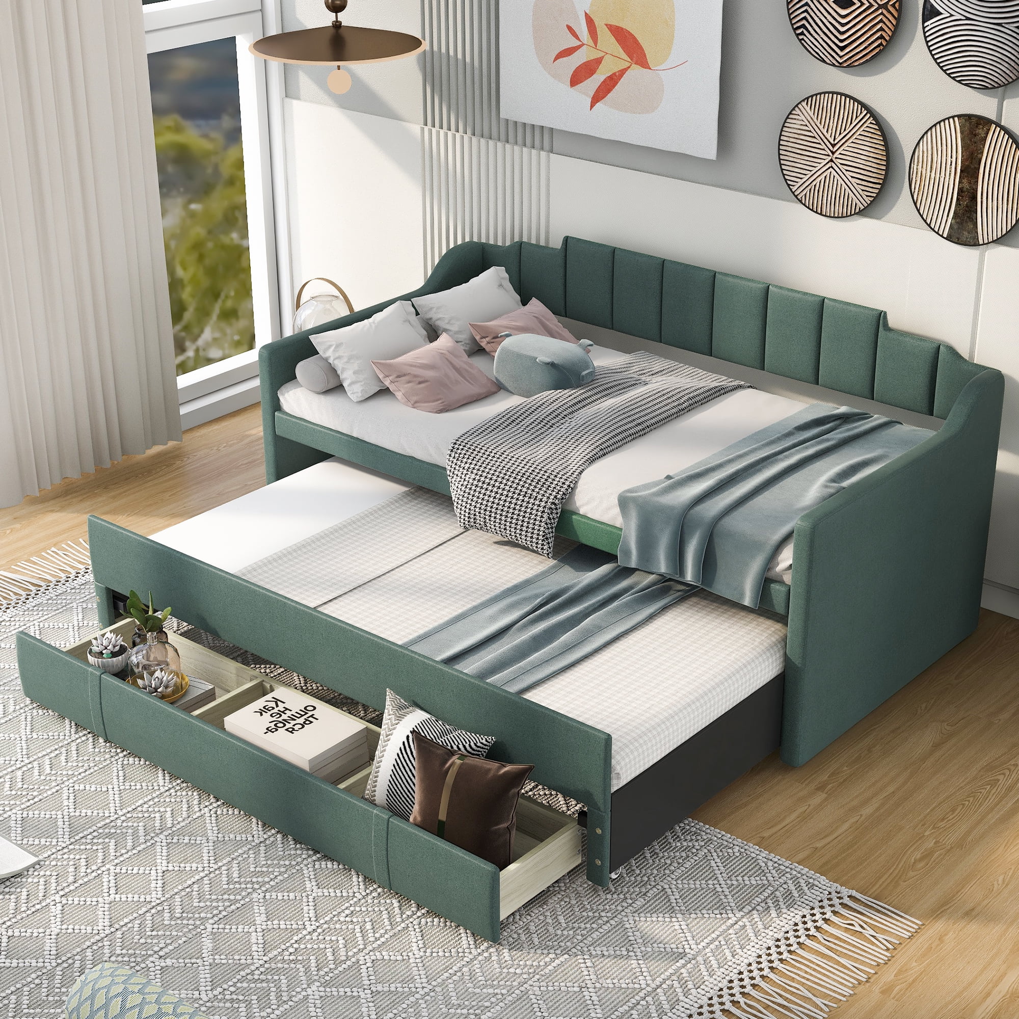CoSoTower Twin Size Upholstered Daybed With Trundle And Three Drawers, Green