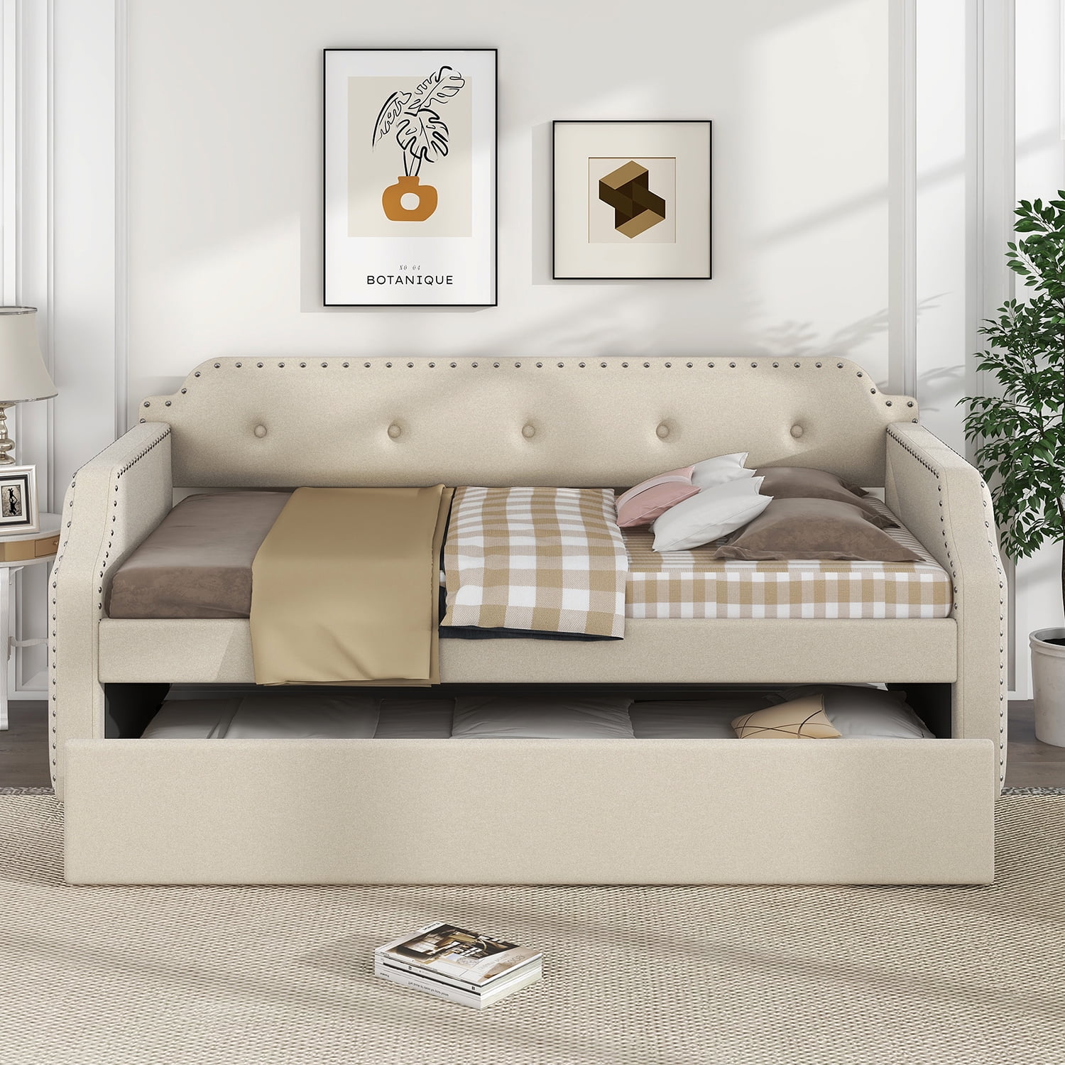 Modern upholstered sofa bed with wooden slat support + pulley design, trundle twin bed, Twin size for kids dorm, guest room, living room and bedroom