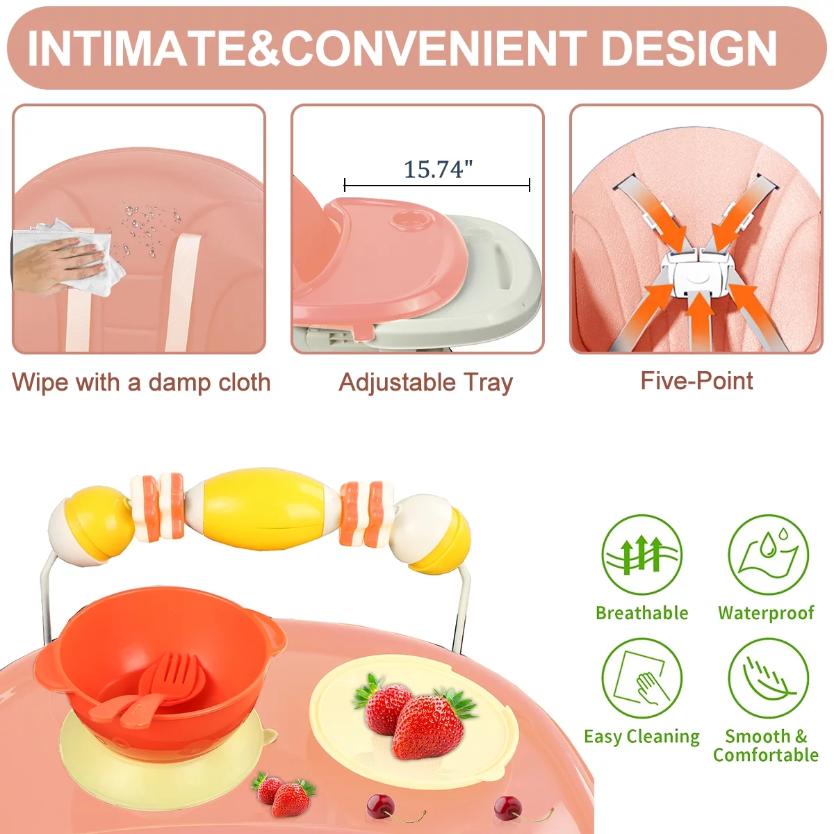 YANAOFFE Baby High Chair 4-in-1 Convertible Baby Highchair with Double-Layer Tray and Toy, Pink