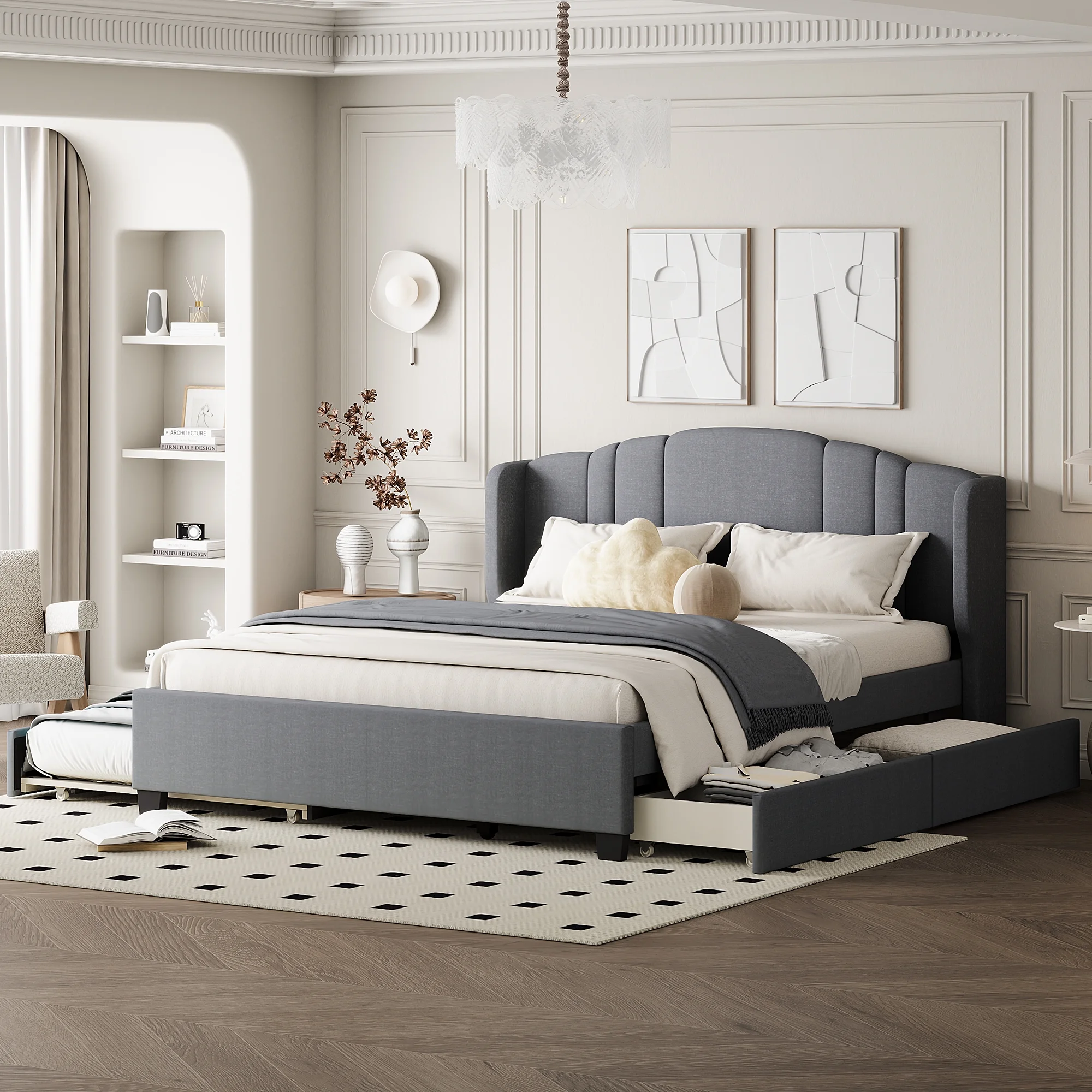 CoSoTower Upholstered Platform Bed with Wingback Headboard, One Twin Trundle and 2 Drawers, No Box Spring Needed, Linen Fabric, Queen Size Gray