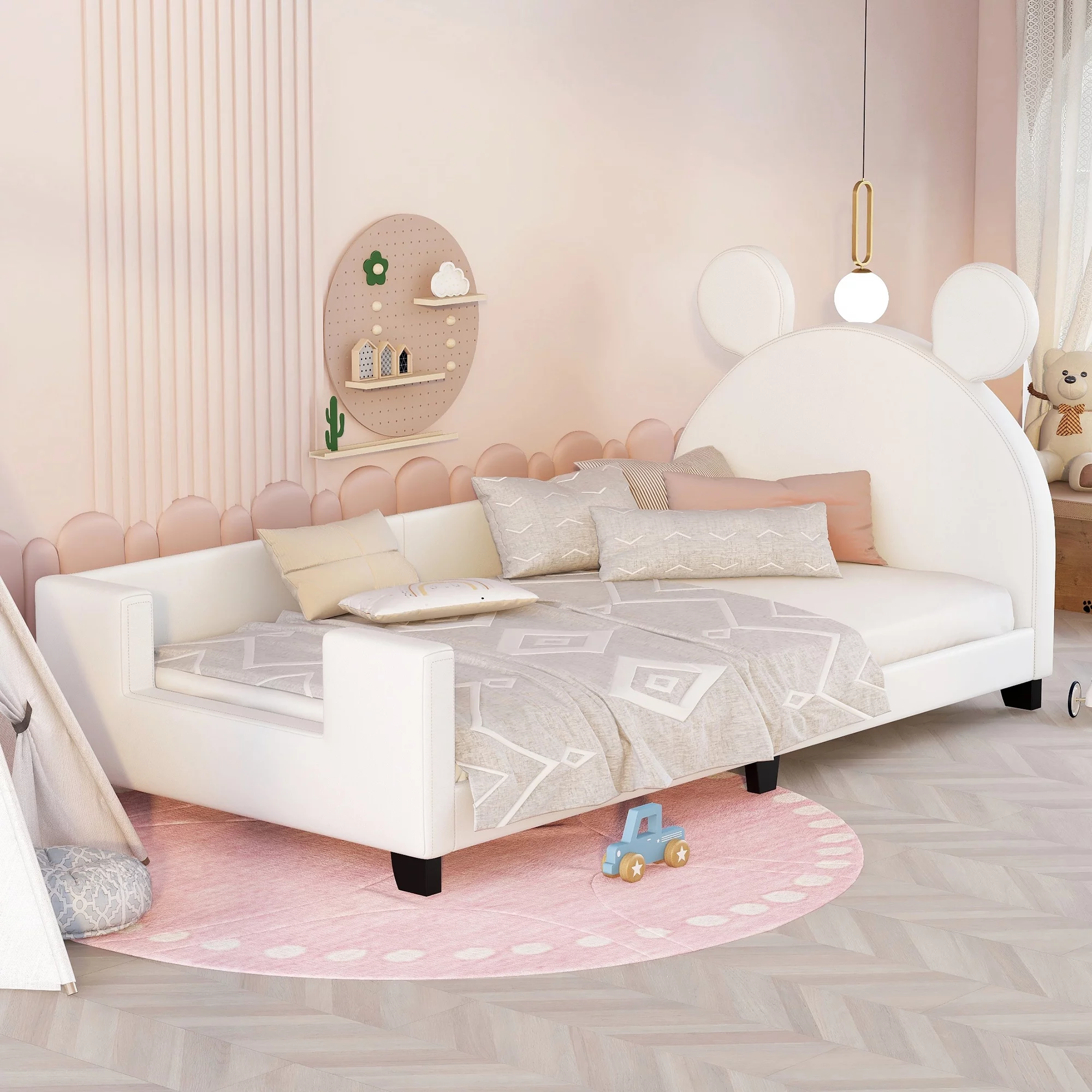 Dcenta Twin Size Upholstered Daybed with Carton Ears Shaped Headboard, White