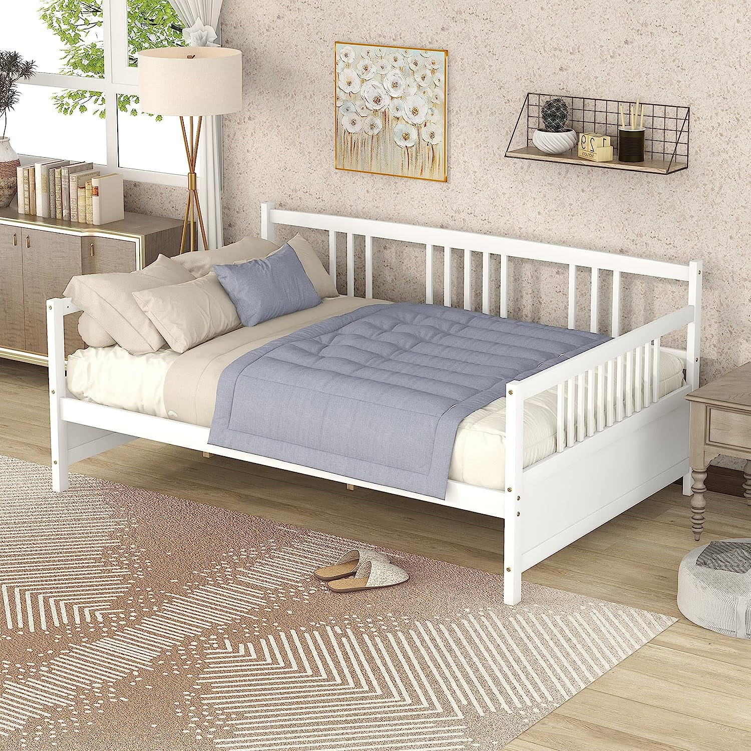 Full Daybed With Clean Lines, Solid Wood Daybed Frame With Wooden Slats Support For Kids Teens Adults, No Box Spring Needed (Full, White)