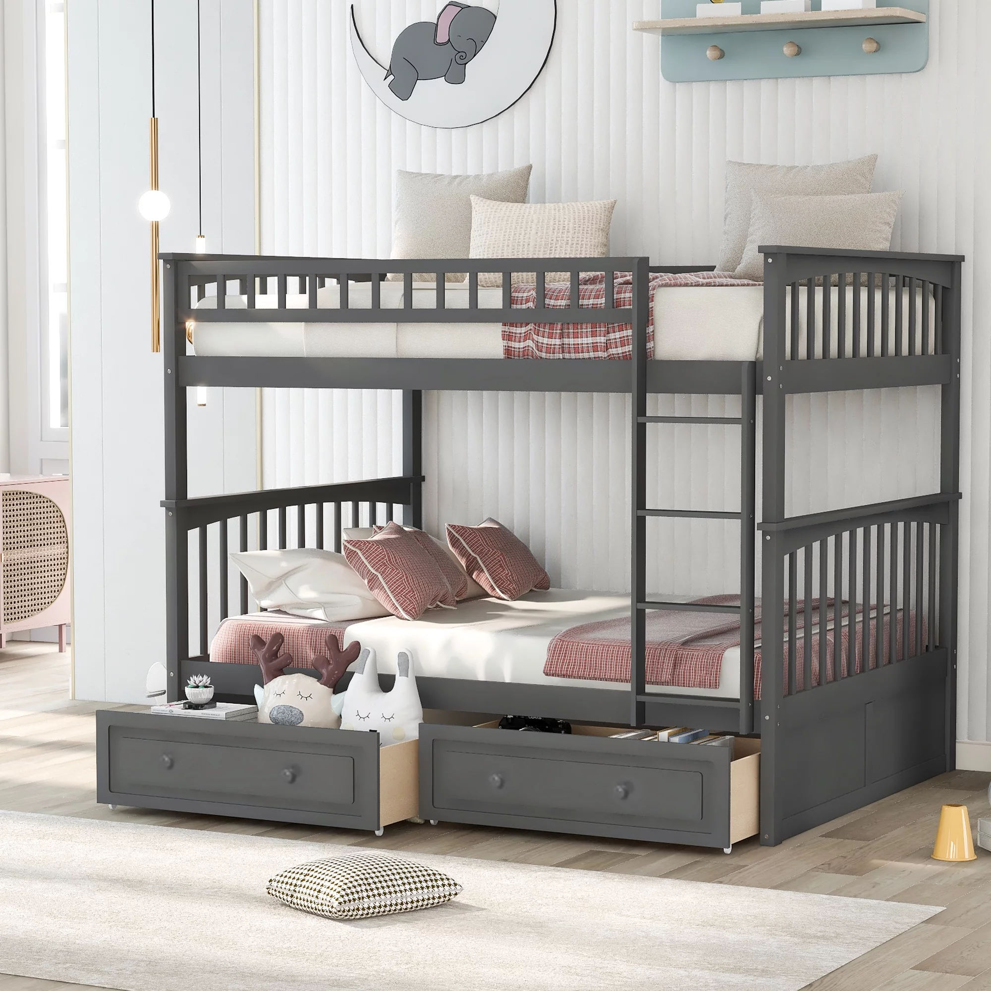 Bunk Bed with Storage Drawers, Wood Storage Bunk Bed Frame, Solid Wood bunks beds with Ladders and Two Storage Drawers