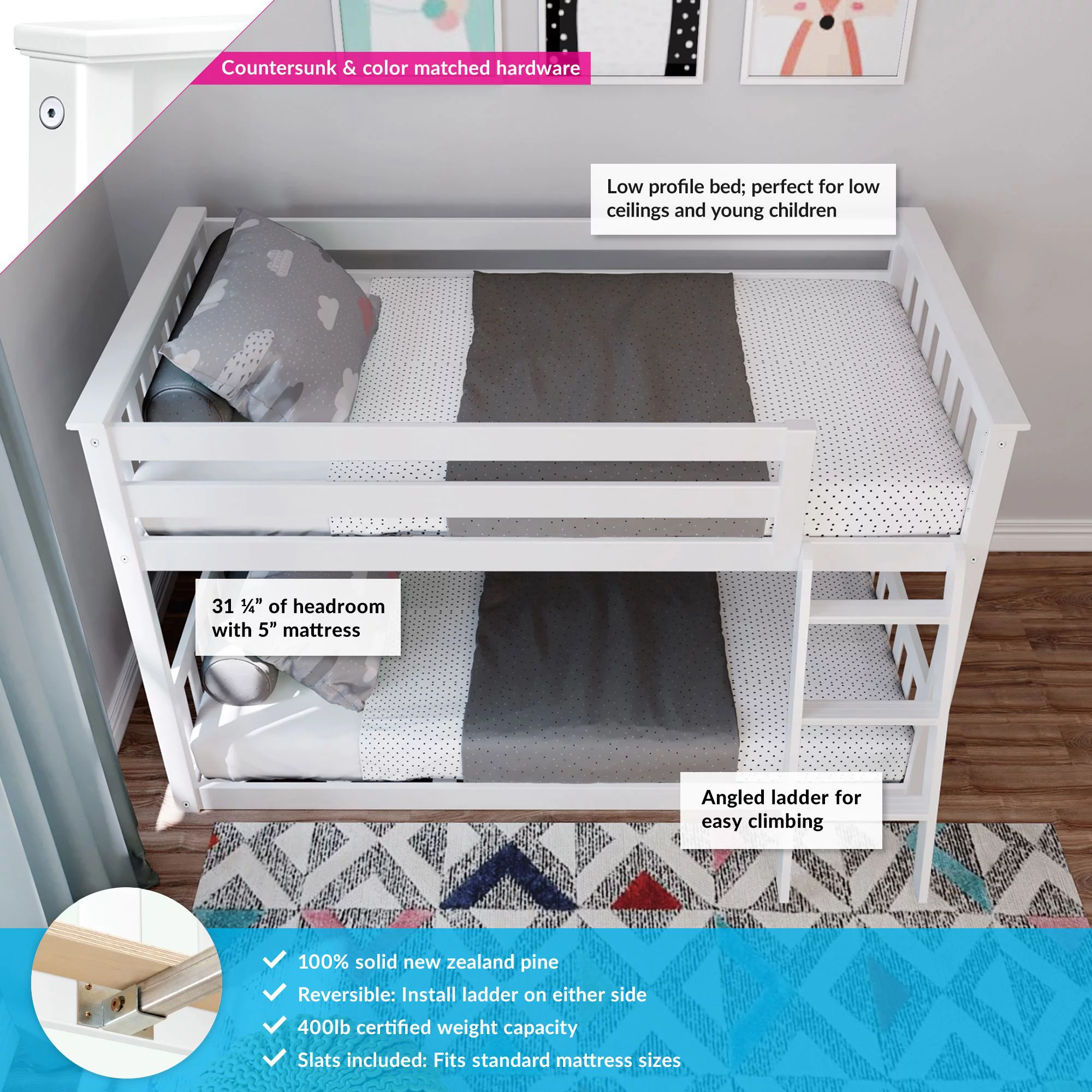 Max & Lily Classic Twin over Twin Bunk Bed for Kids, Solid Wood Low Bunk Beds with Ladder for Small Room, White