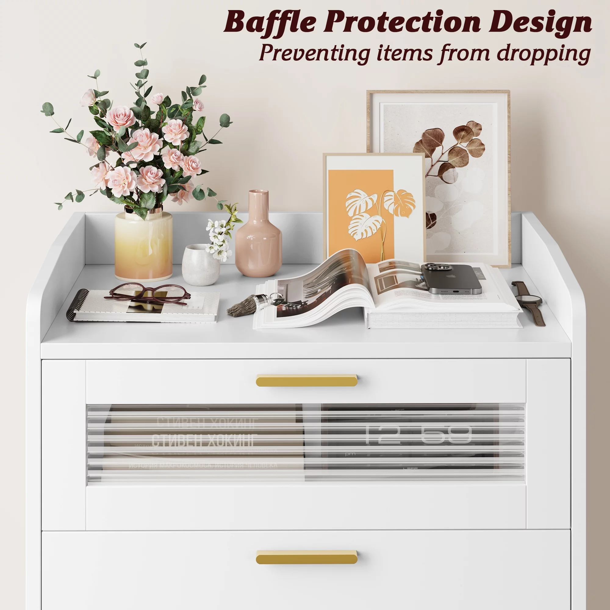 Homfa 5 Drawer White Dresser for Bedroom, Chest of Drawers with Glass Panel Wood Storage Cabinet for Living Room Entryway