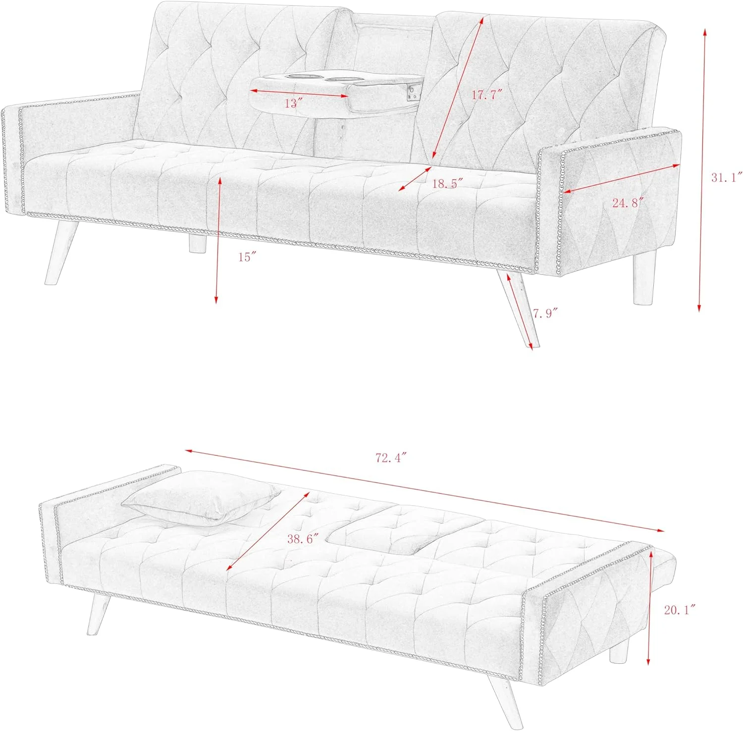 Futon Sofa Bed With Cup Holders Convertible Sleeper Loveseat Sofa With Adjustable Back & Nailhead Trim Modern Velvet Folding Daybed For Small Spaces, 72''