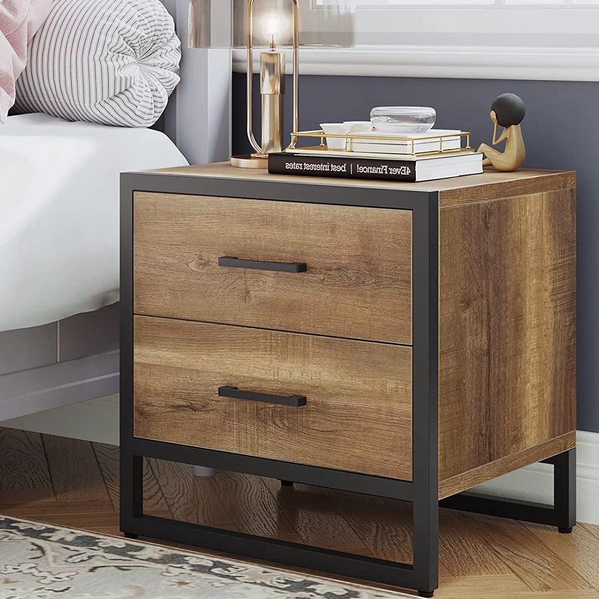 DEXTRUS Farmhouse Side Table with 2 Drawers End Table Nightstand for Bedroom Living Room, Brown