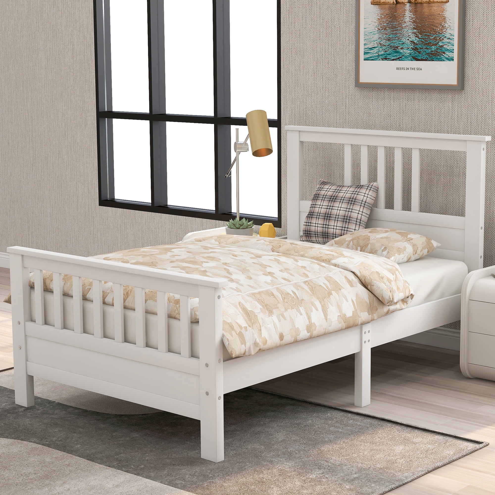 Wood Platform Bed with Headboard and Footboard, Modern Bed Frame with Solid Wood Slat and Support Legs for Bedroom, No Box Spring Need