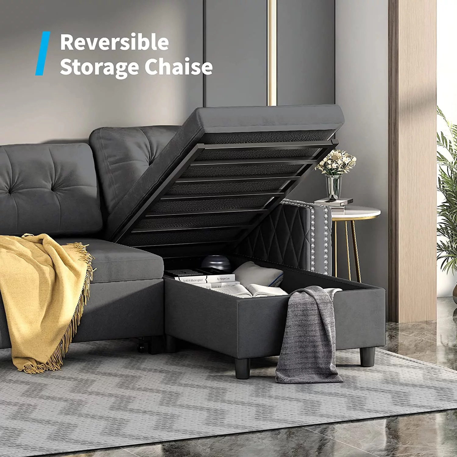 Mjkone Velvet Sectional Sleeper Sofa with Large Chaise Storage,Reversible Pull Out Couch Sofa Bed,L-Shape Sleeper Sectional Sofa(Dark Grey)