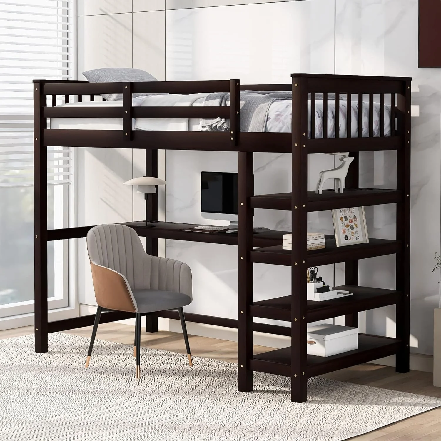 Size Loft Bed With Desk Ad Storage Shelves, Solid Wood Loft Bed Frame With Ladder Ad Guardrail For Kids Tees Adults - Espresso