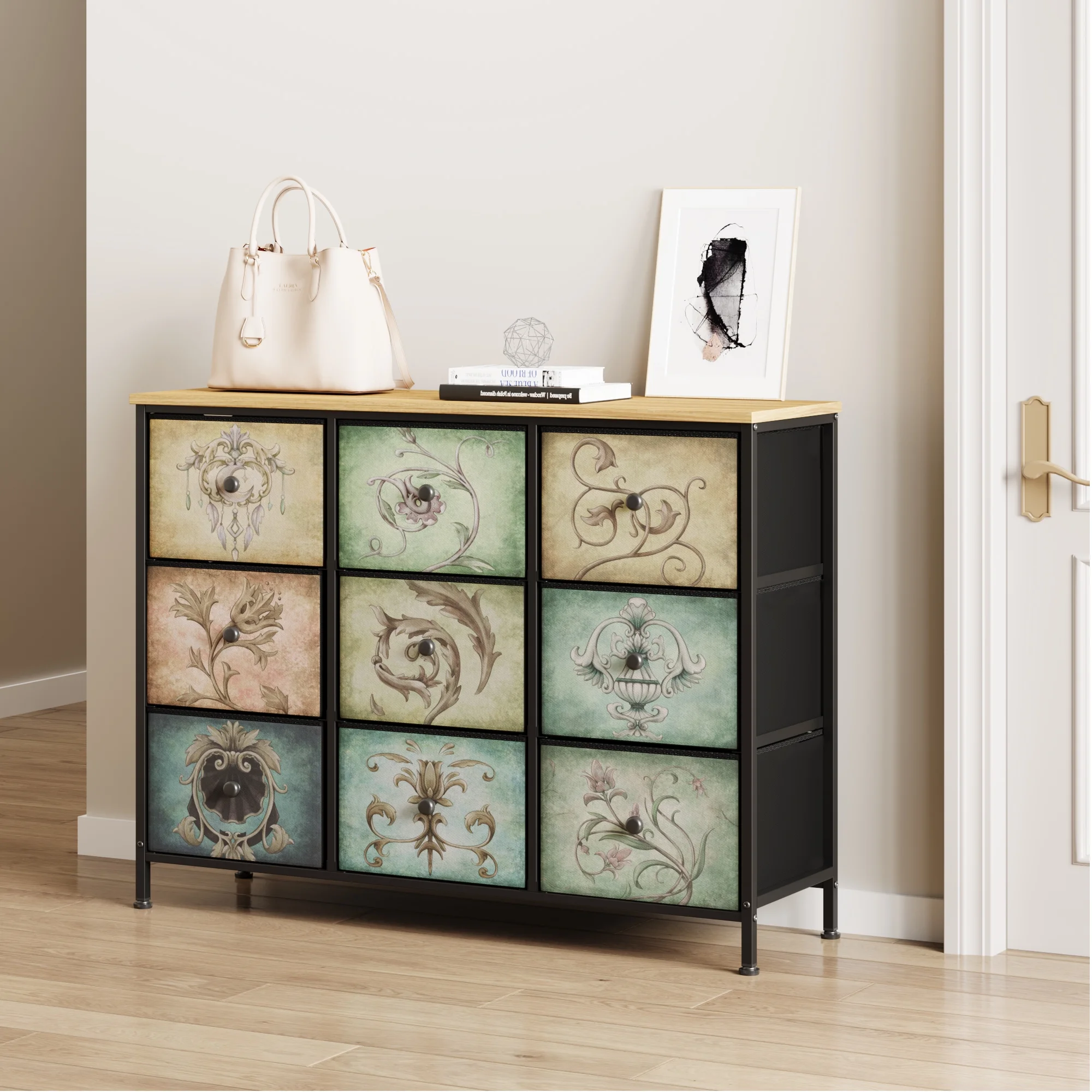 Luxmo 9 Drawer Dresser for Bedroom, Chest of Drawers Closets Storage for Living Room, Fabric Drawers with Steel Frame Wooden Top