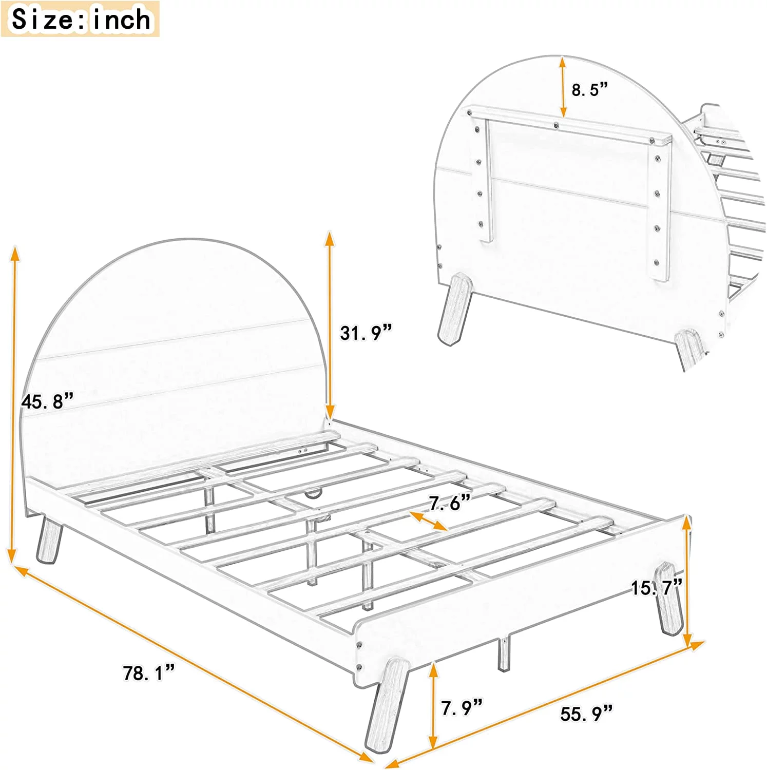 Kids Full Bed Frame With Headboard, Cute Platform Bed Frames For Kids, Wooden Platform Bed With Shelf Behind Headboard, No Box Spring Needed Easy Assemble, White