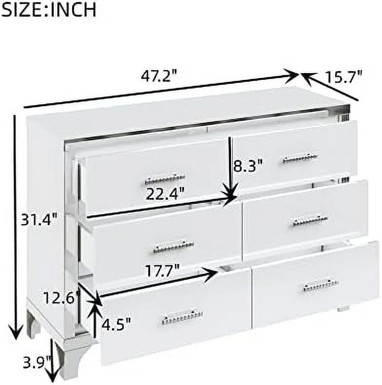 NLIBOOMLife Modern Mirrored 6-Drawer Dresser High Gloss Wooden Dresser with Metal Handles for Bedroom Living Room Mirrored Silver Frame Black