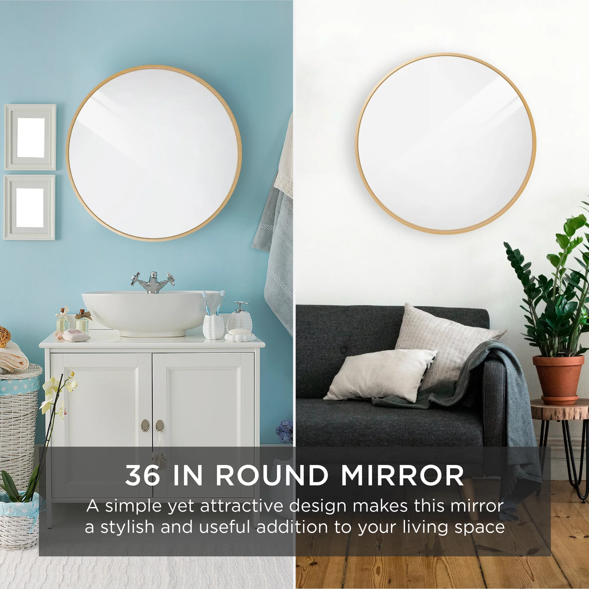 Best Choice Products 36in Framed Round Bathroom Vanity Wall Mirror w/ Anti-Blast Film - Matte Gold