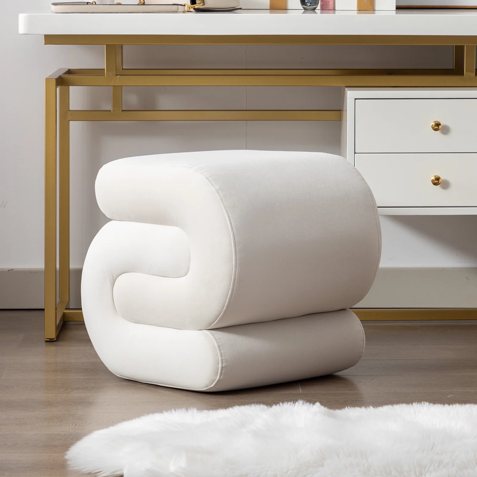 Sudwesto Modern Velvet Upholstered Ottoman, Exquisite Small End Table, Soft Foot Stool with S-Shape, Dressing Makeup Chair, Comfortable Seat for Living Room, Bedroom, Entrance