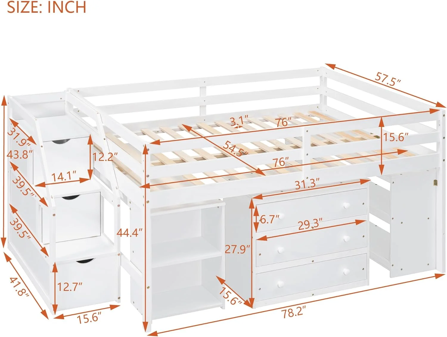 Full Size Low Loft Bed With Desk And 3 Drawers, Wood Kids Loft Bed With Storage Stairs And Shelves,Full Loft Bed Frame Ith Storage For Girls Boys (Full, White)