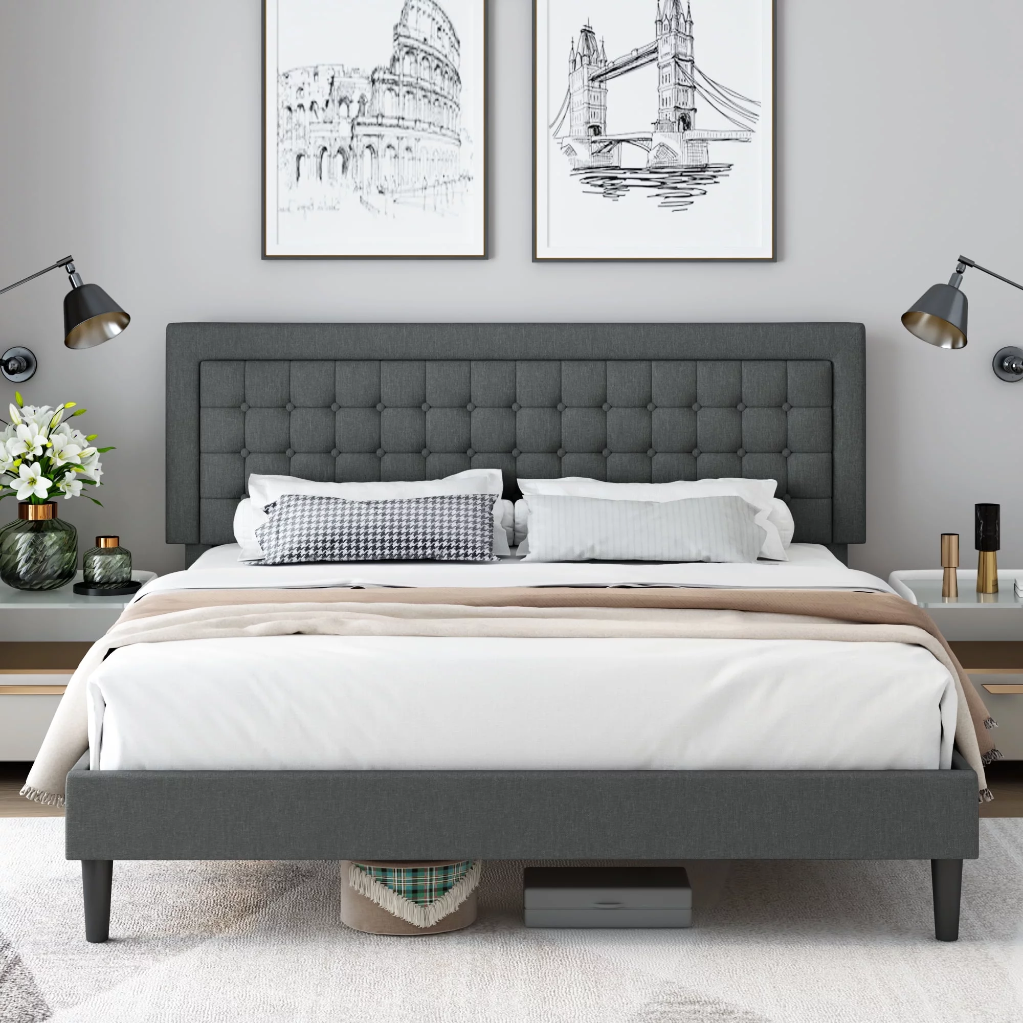 Homfa King Bed Frame, Modern Platform Bed Frame with Adjustable Button Tufted Upholstered Headboard for Bedroom, Wood Slat Support, Gray