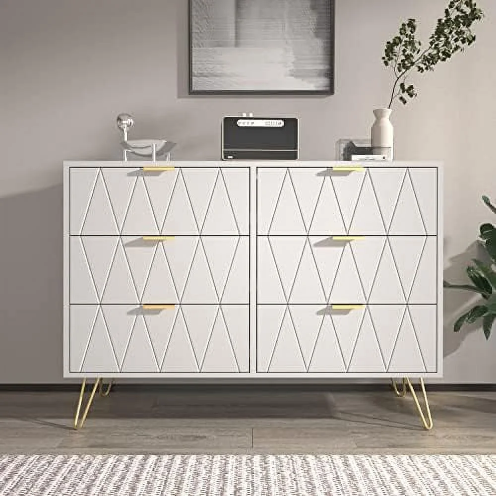 xrboomlife 6 Drawer Double Dresser Modern Chest of Drawers Dresser with Wide Drawers and Golden Handles for Bedroom Living Room Hallway Entryway (Black)