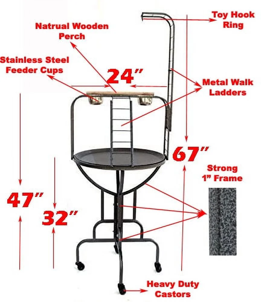 Large Elegant and Durable Wrought Iron Parrot Bird Play Rolling Stand Perch Gym Ground with Metal Ladder Toy Hook