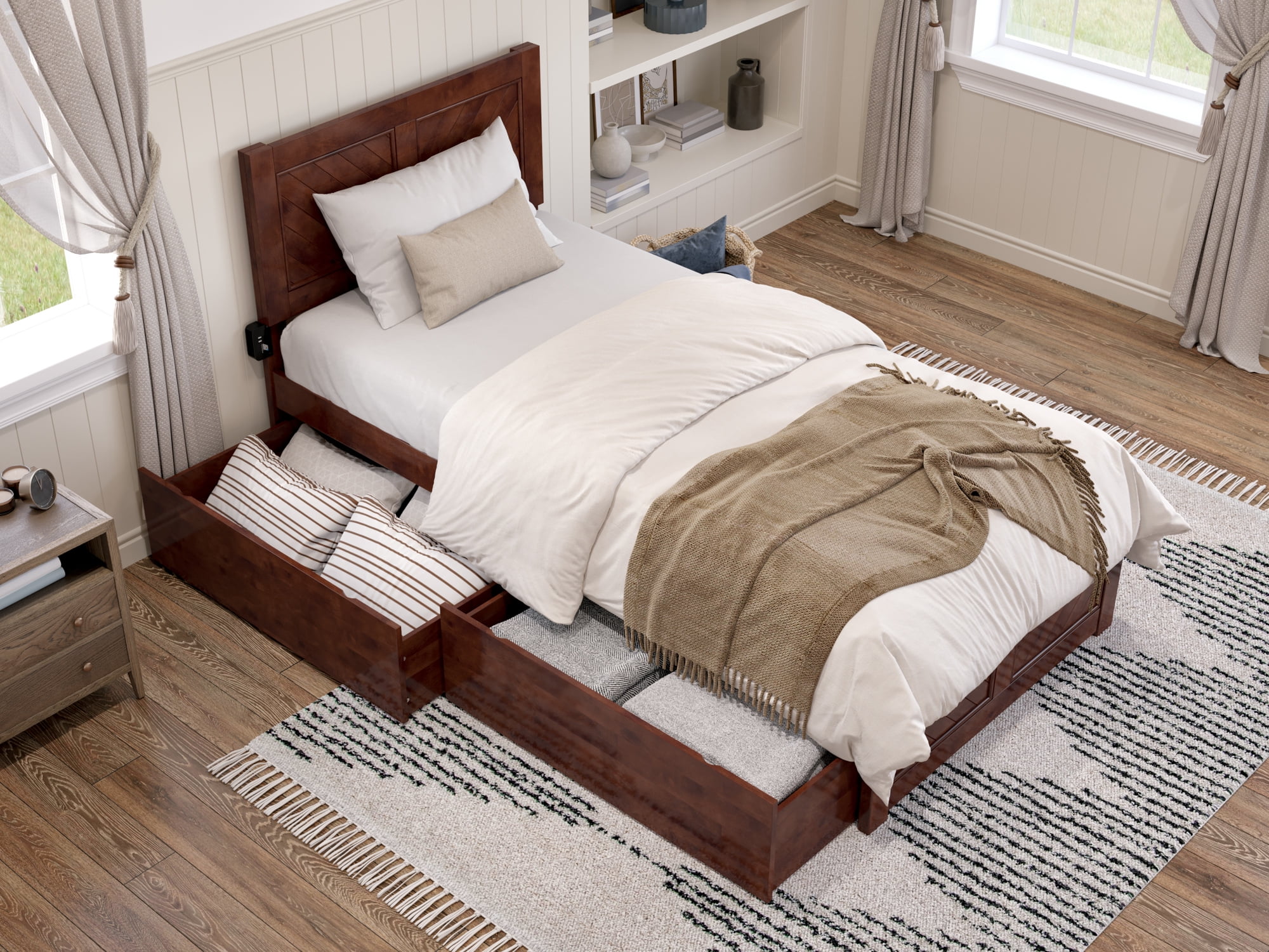 AFI Canyon Walnut Solid Wood Platform Bed with Matching Footboard & Storage Drawers, Twin XL
