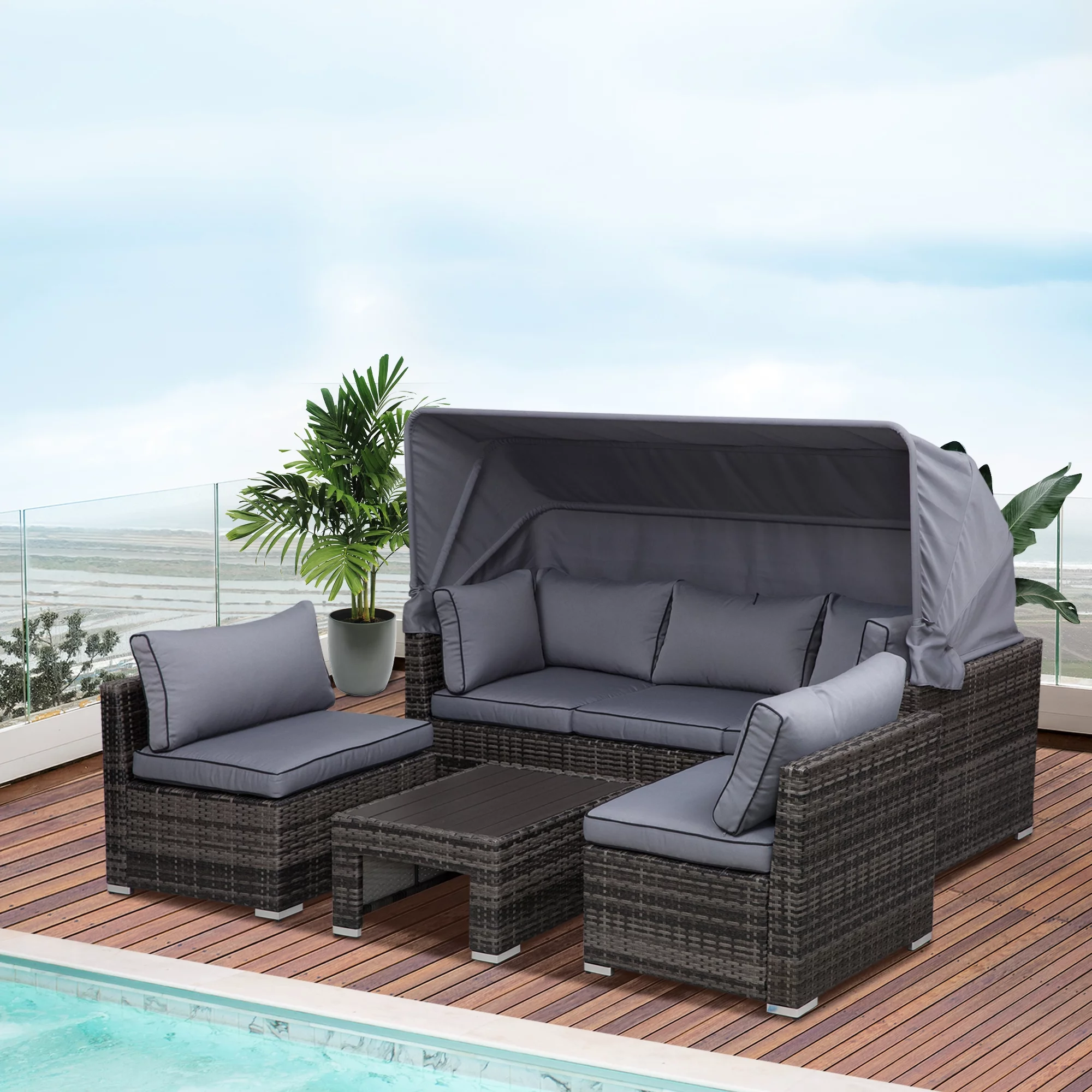 Outsunny Outdoor Daybed & 4pc Sectional Patio Furniture Set, Gray