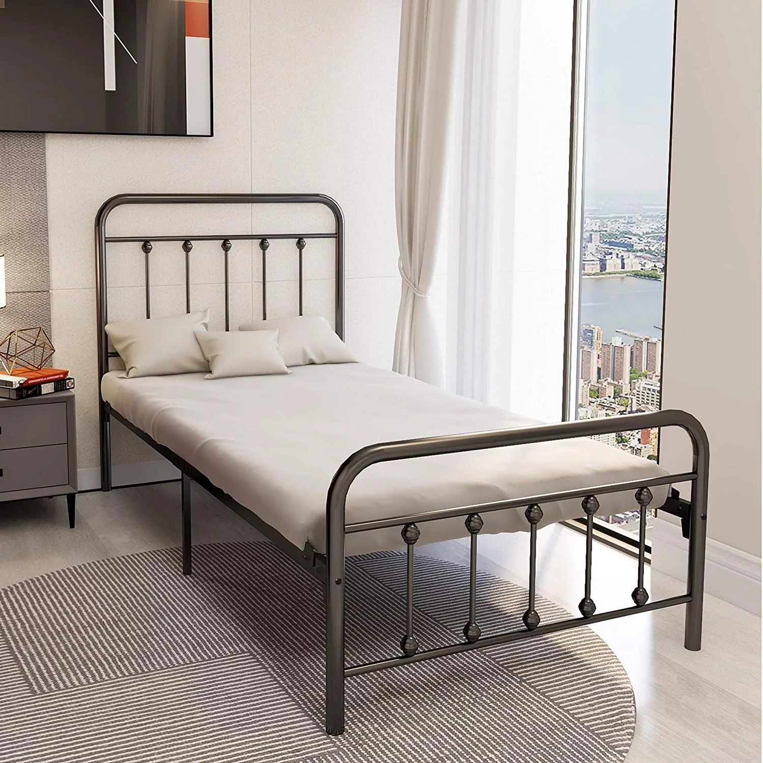 12 Inch Bed Frame Twin Size Mattress Foundation Box Spring Replacement with Headboard Heavy Duty Metal Slat Support Ultra-Large Under Bed Storage, Black