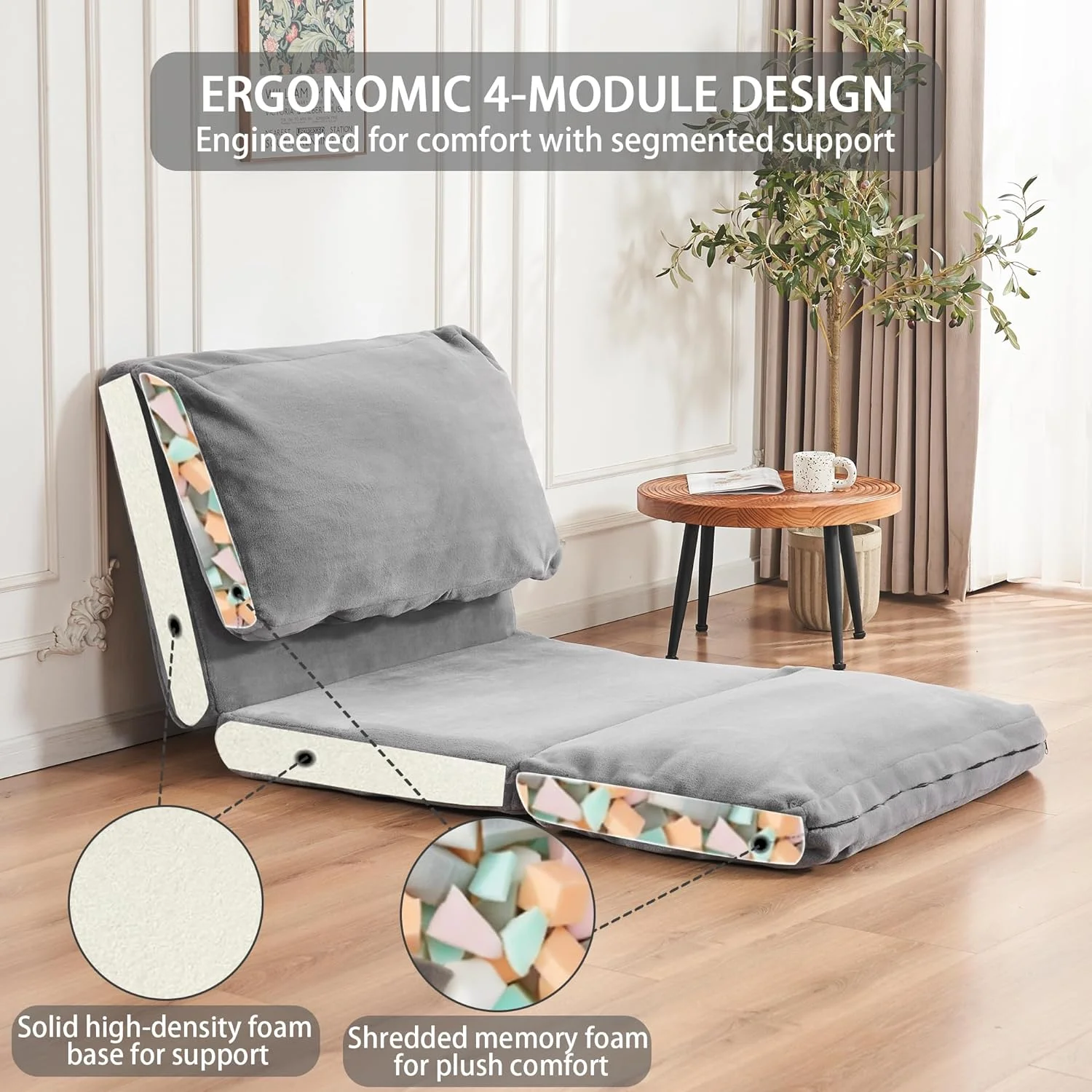 Linor Bean Bag Bed, Extra Thick Floor Sofa Bed, Ergonomic Foldable Sofa Beds with High-Density Foam and Washable Faux Fur Cover for Bedroom, Living Room, Gray (Single Size, 55 x 100 Inches)