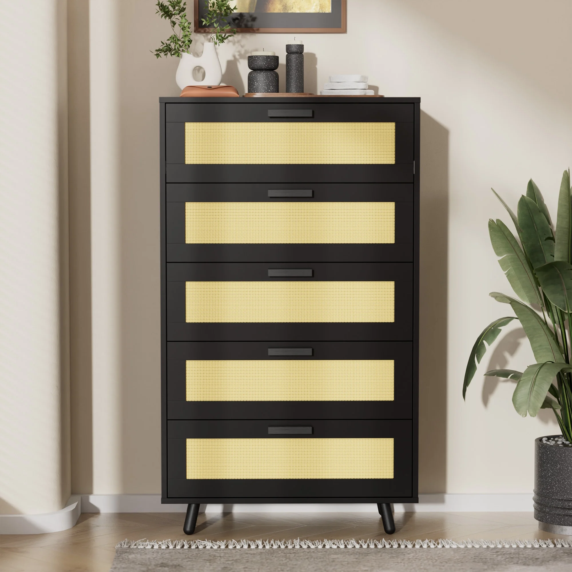 Cozy Castle Rattan 5 Drawer Dresser, Mid-Century Modern Dresser Chest, Hobo Drawer Dresser, Closet Dresser Chest of Drawer, Modern Dresser as Nightstand, Dresser for Bedroom, Living Room, Black