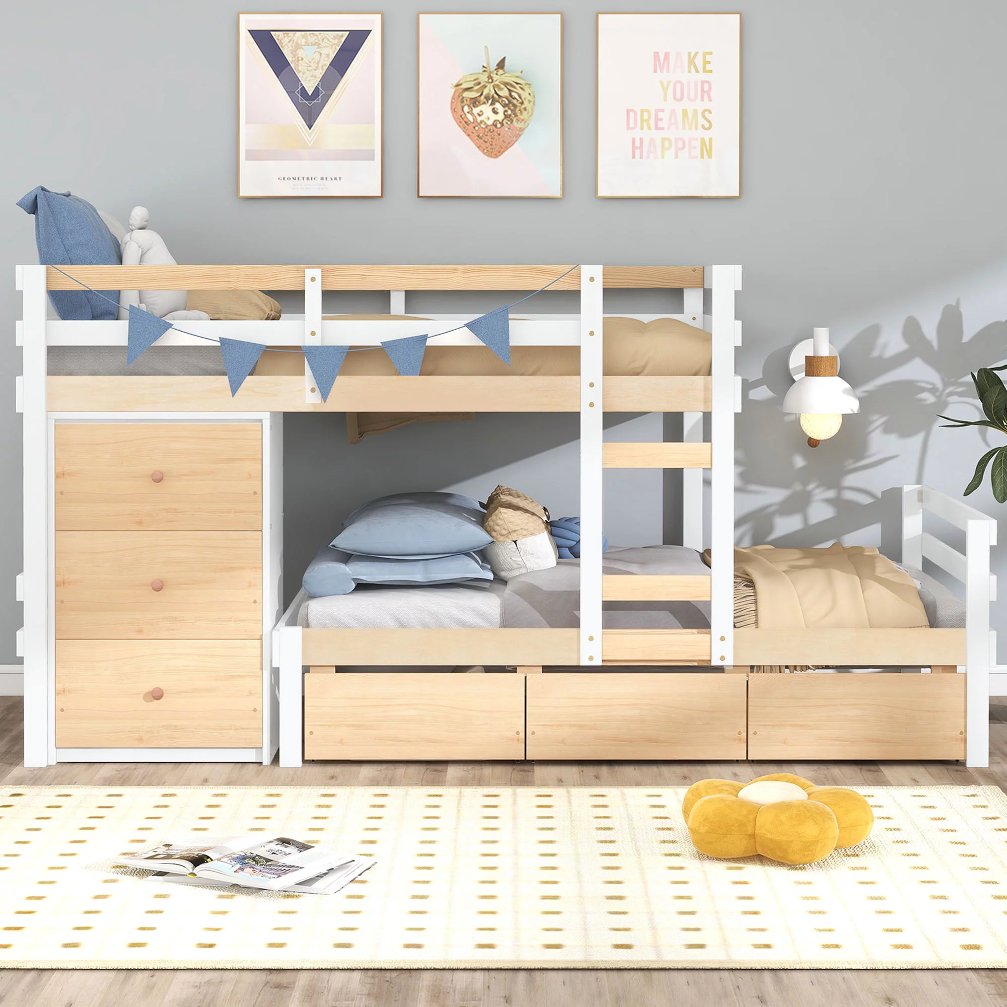 Euroco Twin over Twin Bunk Bed with Six Drawers for Kids Room, Natural