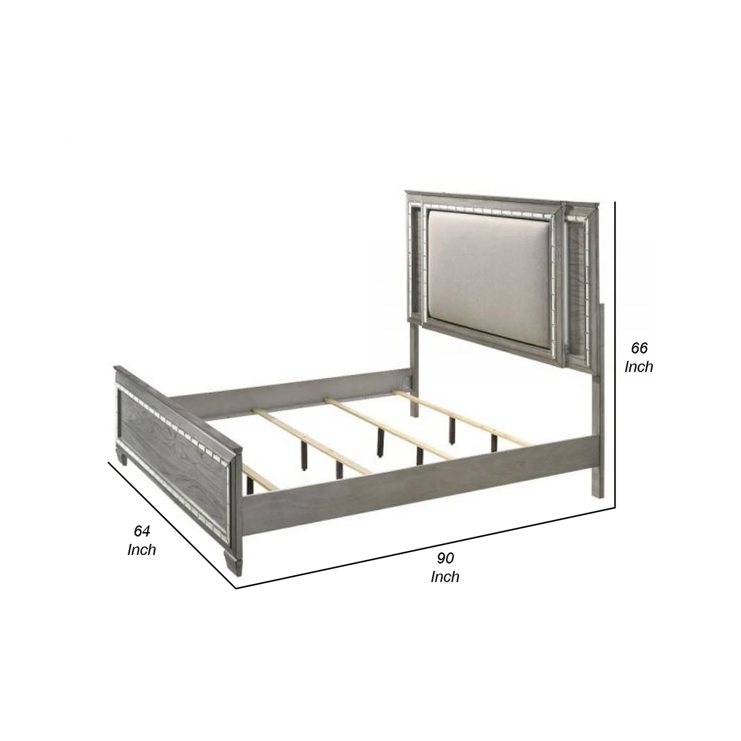 Benjara Queen Size Bed with LED Trim and Fabric Headboard, Gray