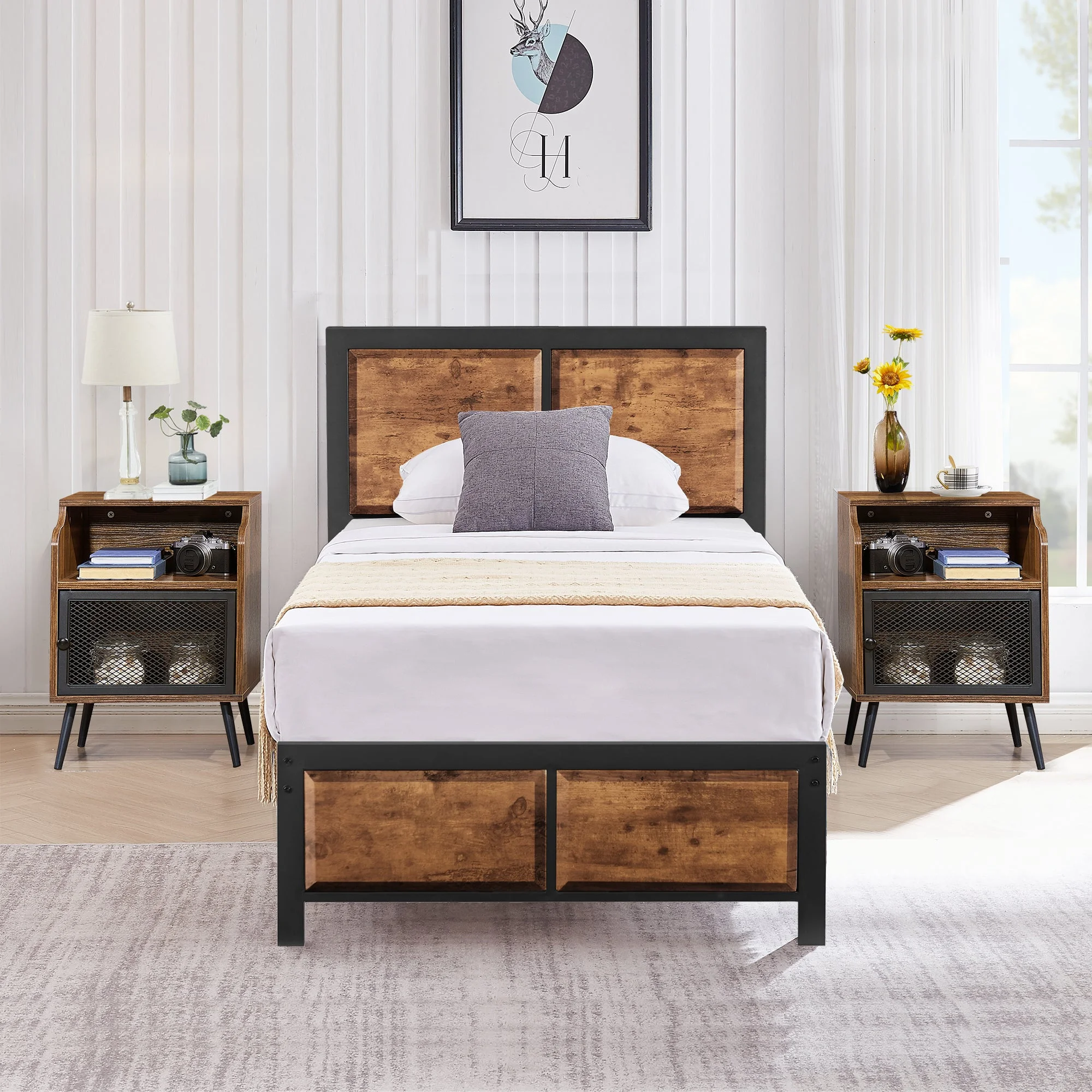 VECELO 3-Piece Bedroom Set, Twin Platform Bed Frame with Wood Headboard, Nightstand Set of 2 with 1-Drawer and Open Storage Space, Brown