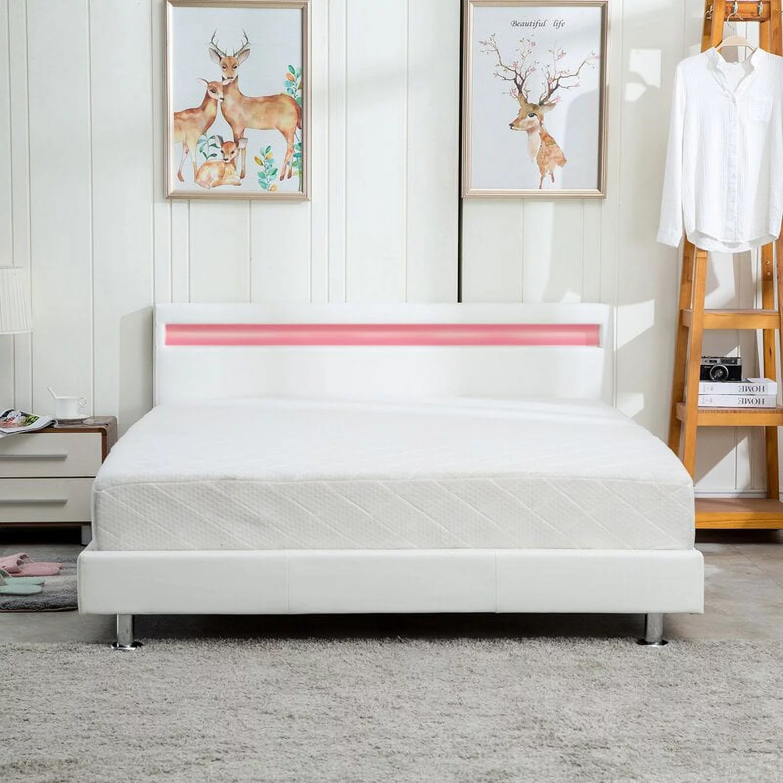 Full Size Platform Bed Upholstered Bed Frame Bedroom LED Light Headboard with Color Changing LED Light Slats Bed White