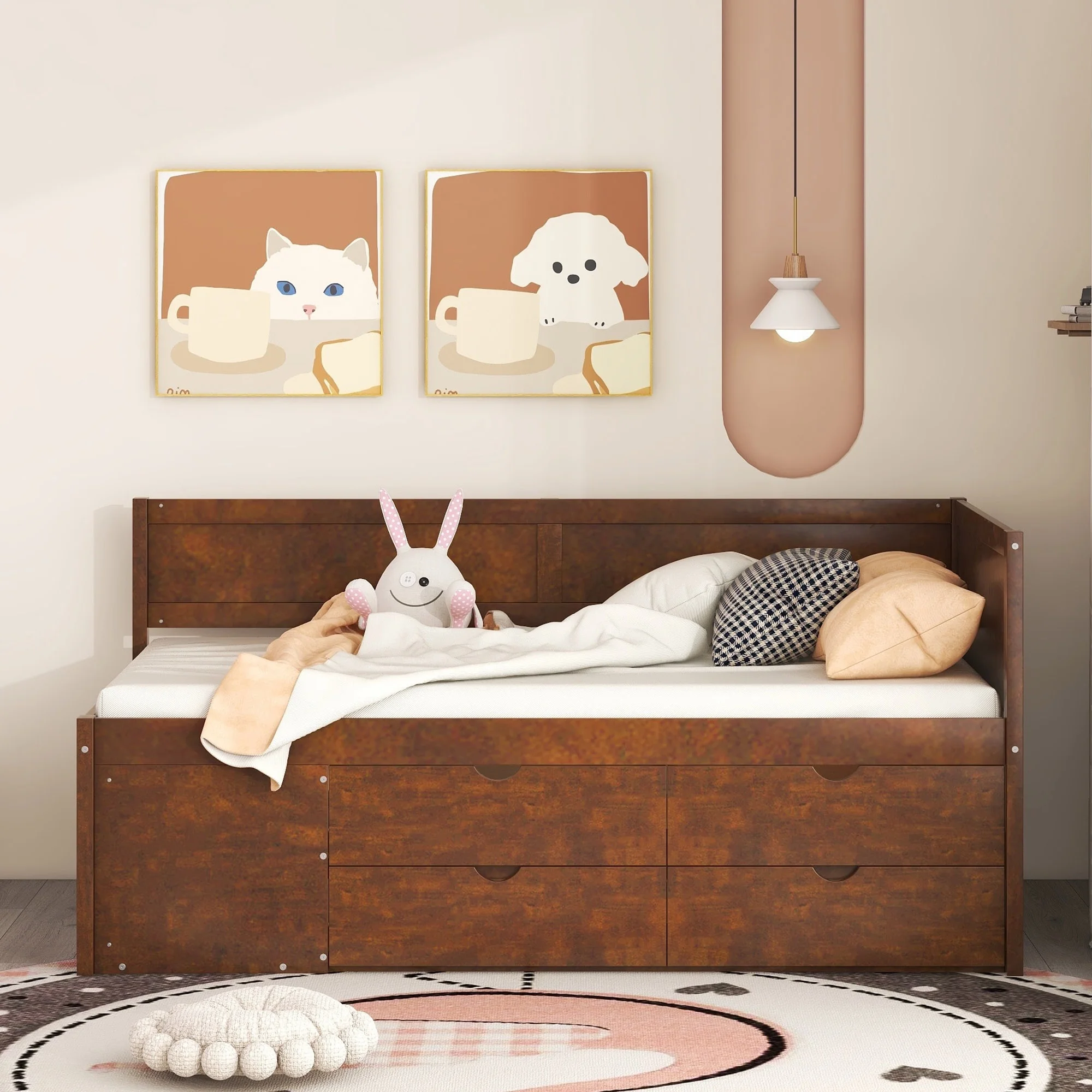 CoSoTower Twin Size Daybed with Drawers and Shelves, Walnut