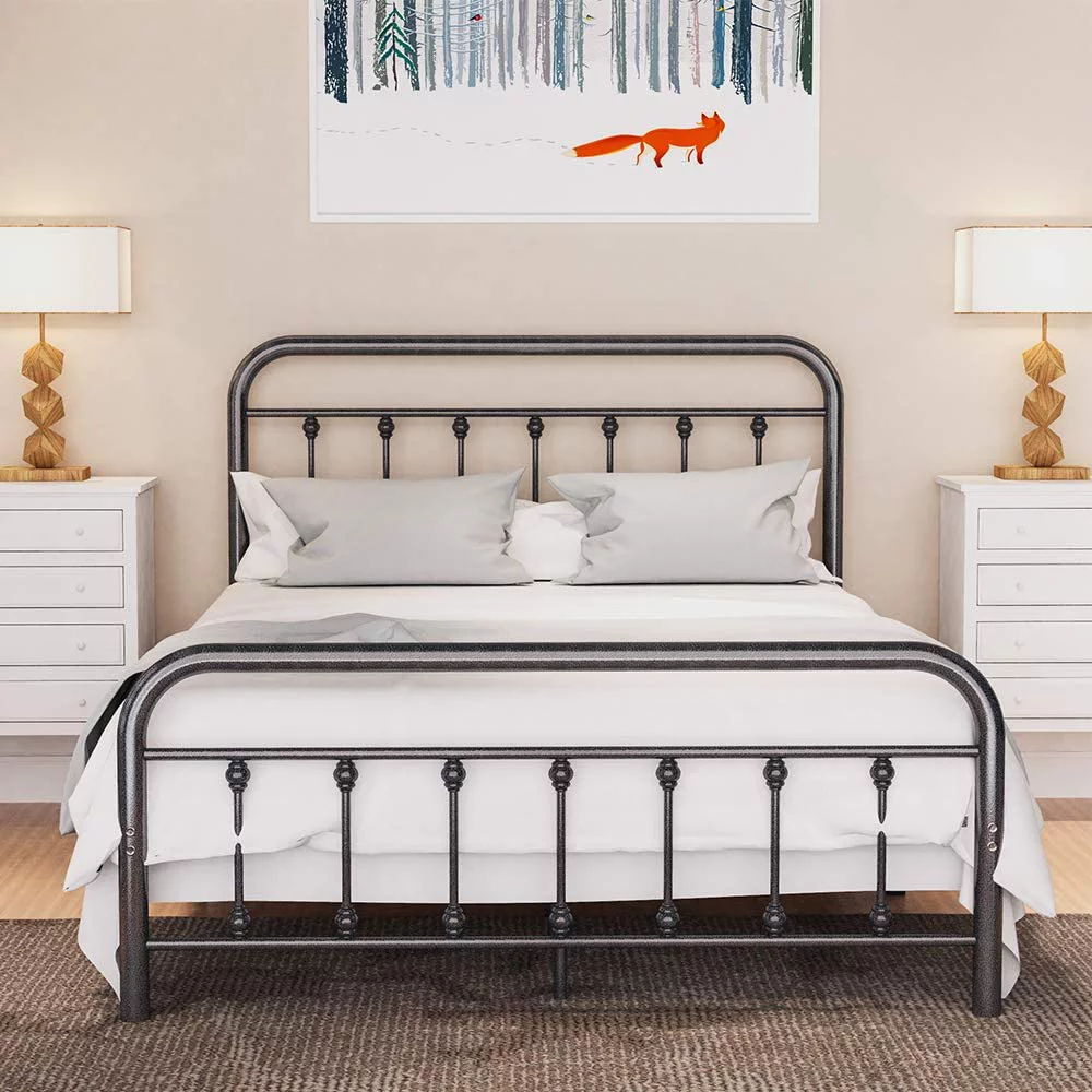 12 Inch Full Size Bed Frame Mattress Foundation Box Spring Replacement with Headboard Heavy Duty Metal Slat Support Ultra-Large Under Bed Storage, Black silver