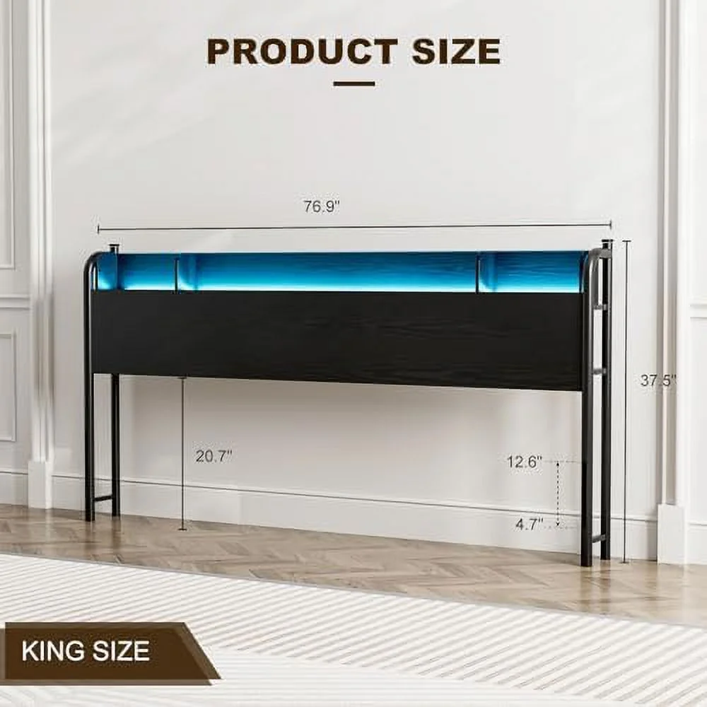 California King Size LED  Headboard  Metal Cal King Headboard Only with Charging Station & LED Lights  Height Adjustable  Industrial Farmhouse Style  Attach Frame - Rustic Brown