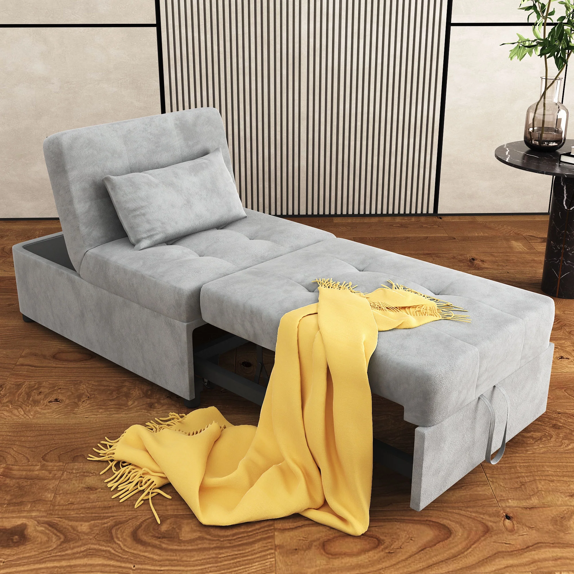 Giratree 4 in 1 Multi-Function Folding Velvet Sleeper Sofa Bed, Single Sofa with Ottoman and Adjustable Backrest