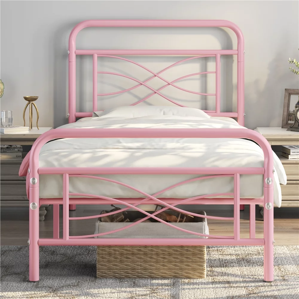 Easyfashion Avery Vintage Metal Platform Bed with Criss-Cross Design,Pink