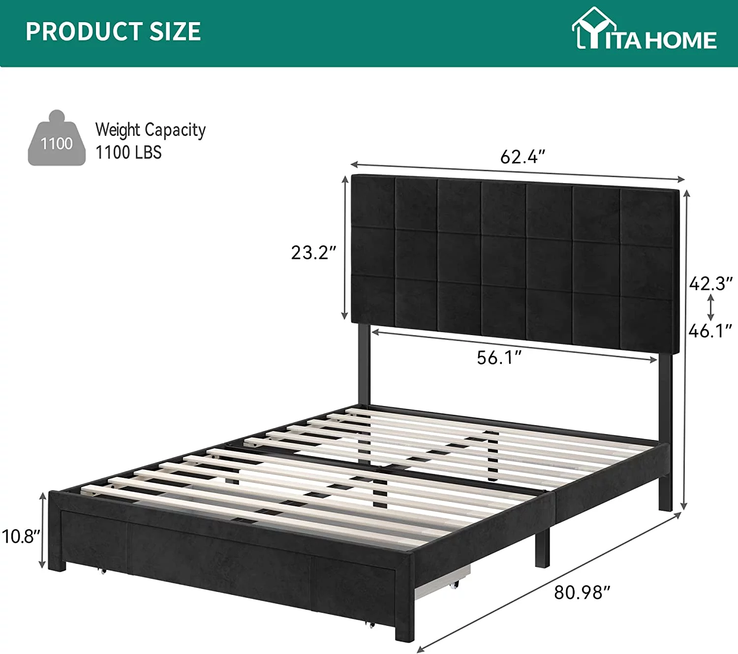 Dextrus Upholstered Bed Frame, Platform Bed Frame with Storage Drawers, Queen Size Bed Frame Include Velvet Headboard Wingback and Strong Wood Slats Support, No Box Spring Needed, Dark Grey