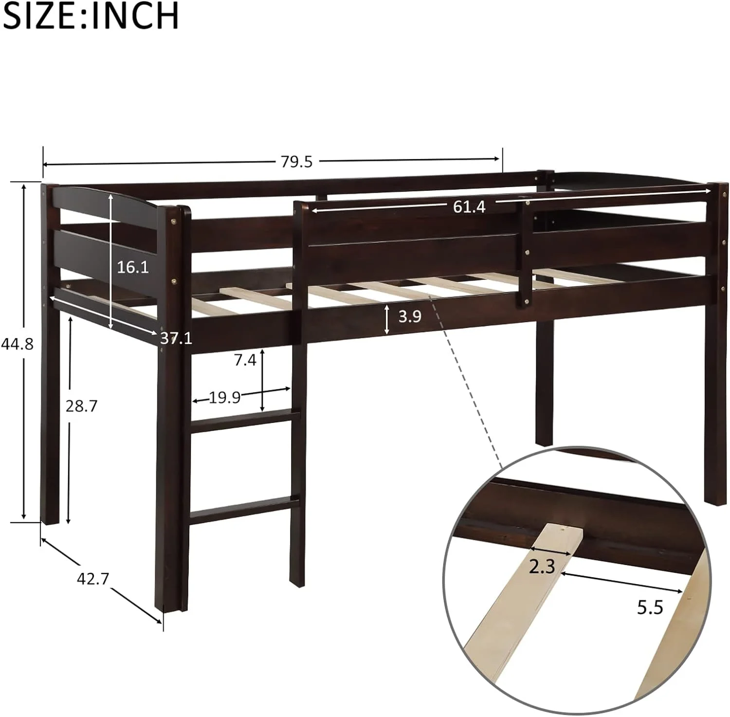 Bellemve Low Loft Bed Size Woode Loft Bed Frame With Ladder For Kids Girls Boys Tees, Espresso