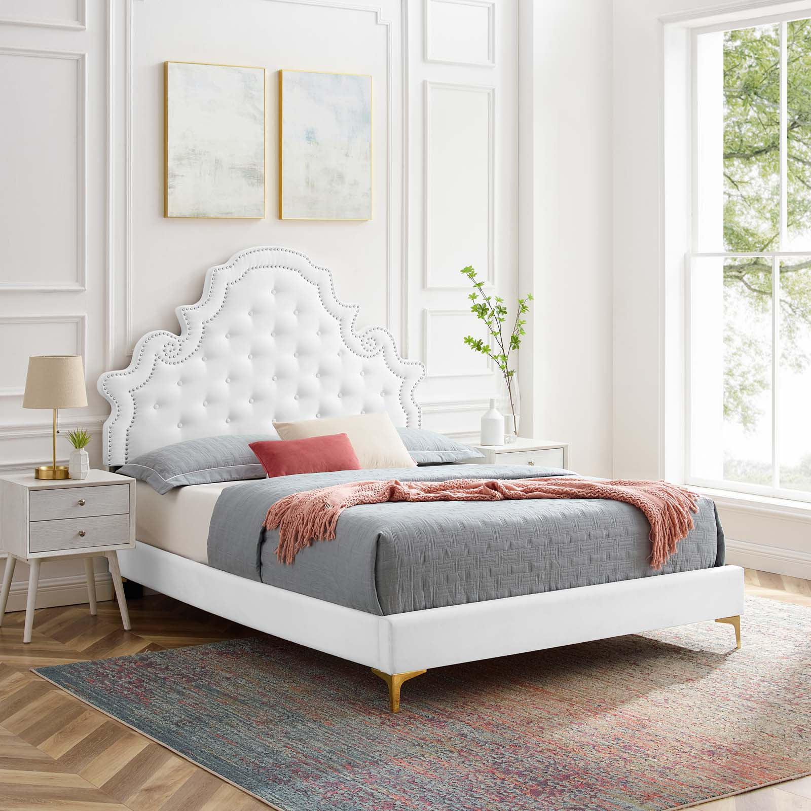 Tufted Platform Bed Frame, Full Size, Velvet, White, Modern Contemporary Urban Design, Bedroom Master Guest Suite