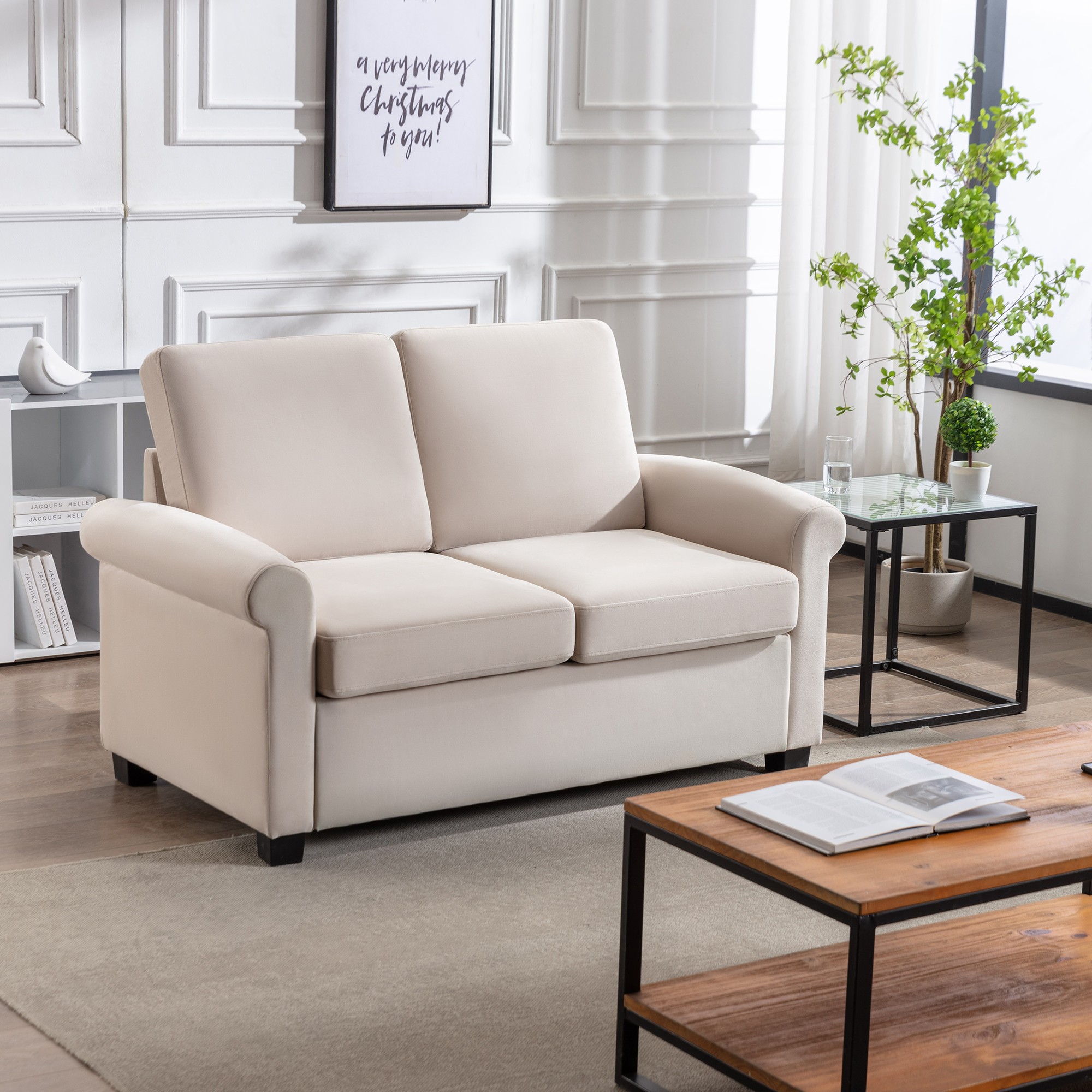 58 inch 2-in-1 Pull Out Loveseat Sofa, 2-Person Velvet Couch, Pull Out Sofa Bed with Thick Removable Back Cushion, Mid Century Sofa with Premium Twin Size Mattress Pad