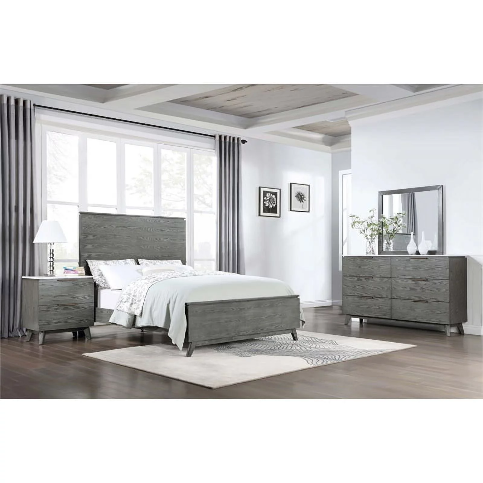 Maklaine 4-piece Wood Queen Bedroom Set White Marble and Gray