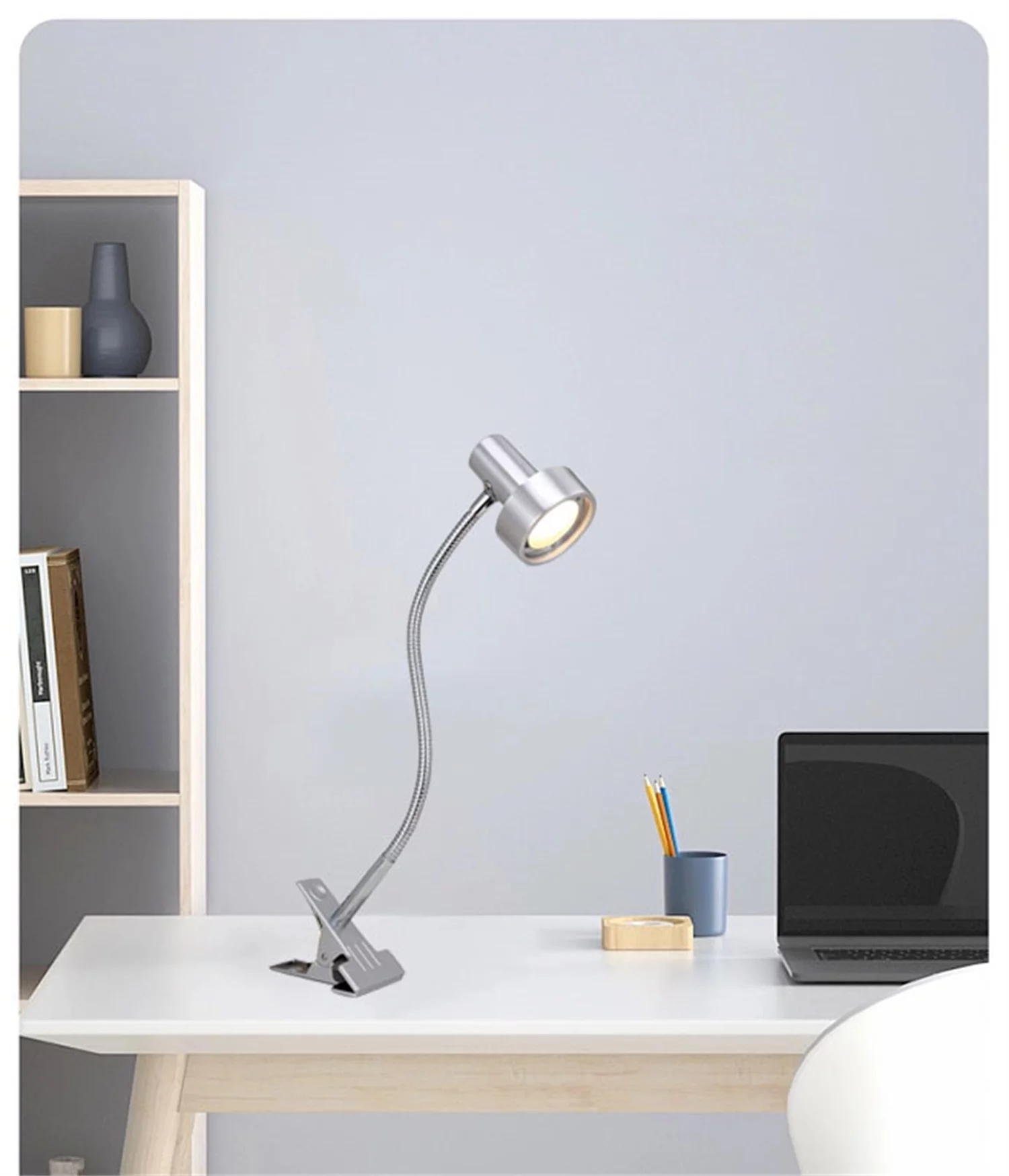 LED headboard/desk clip lamp, dimmable LED table lamp with metal clip, 5W LED, flexible gooseneck, adjustable brightness